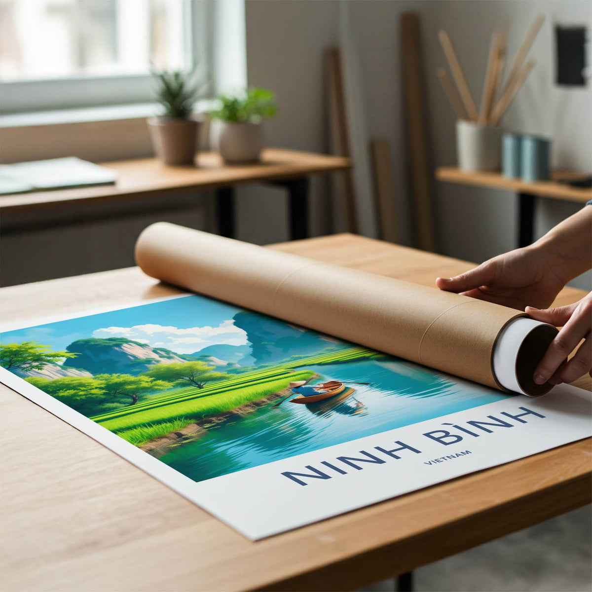 Ninh Binh Poster - Vietnam Travel Art - Paddles River Mountains Home Decor