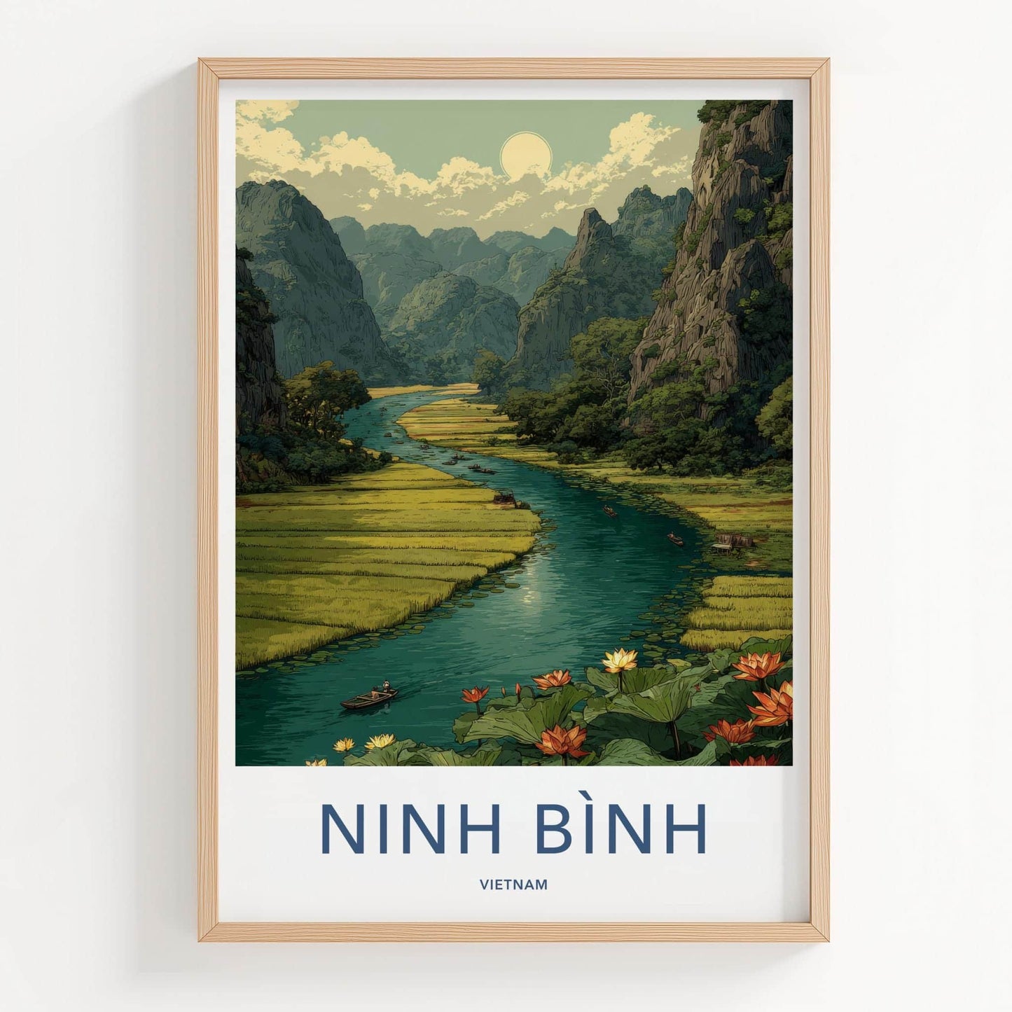 Ninh Binh Poster - Vietnam Travel Art - River Boats Lotuses Home Decor