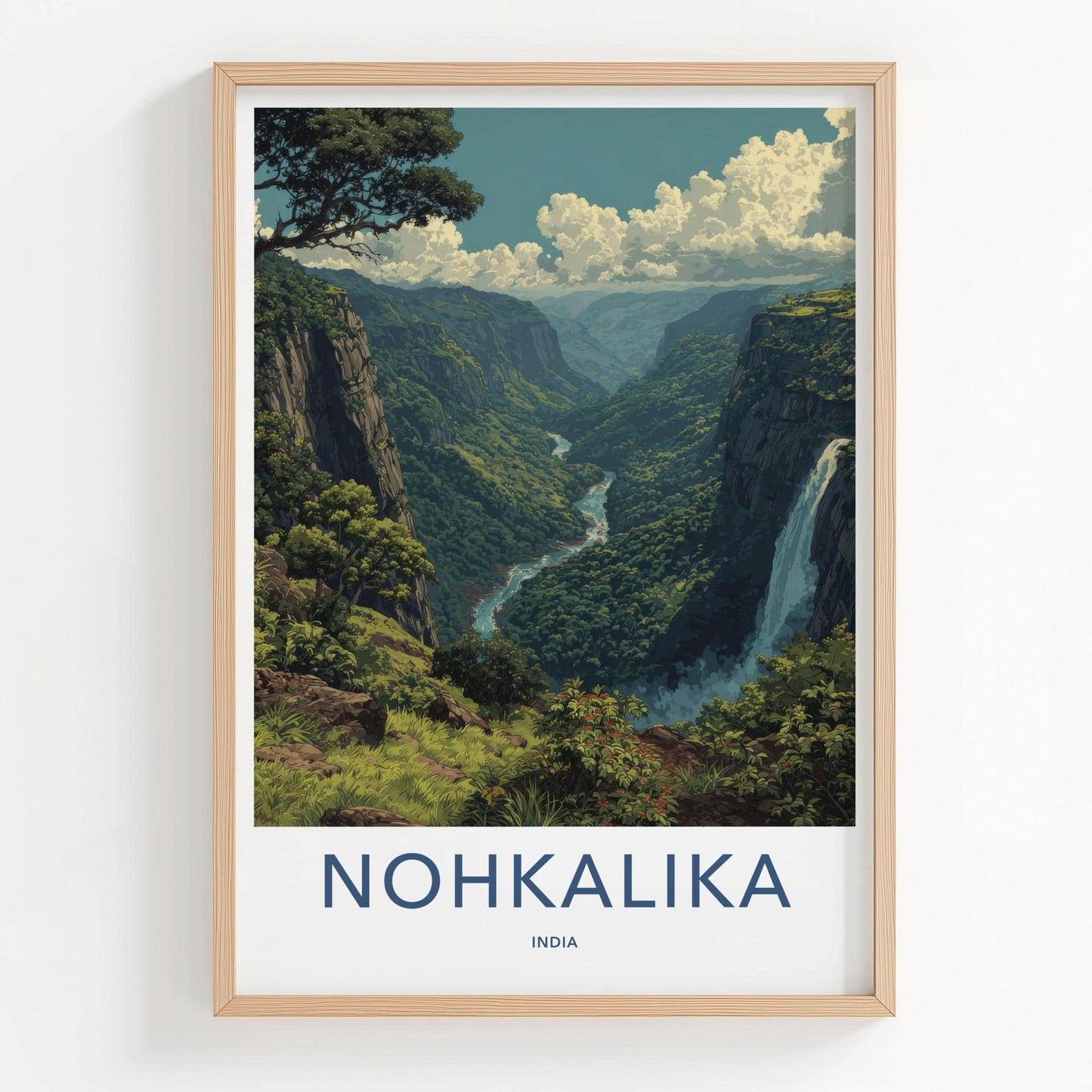 Nohkalika Poster - India Travel Art - Meghalaya Lush Green Valley Home Decor