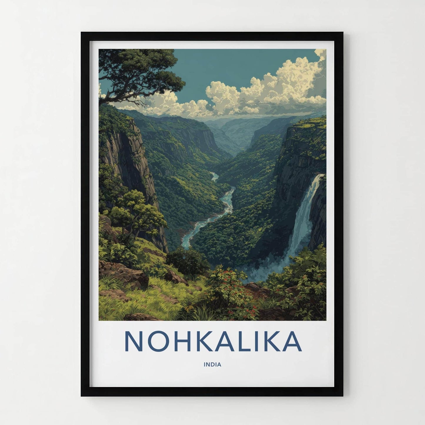 Nohkalika Poster - India Travel Art - Meghalaya Lush Green Valley Home Decor