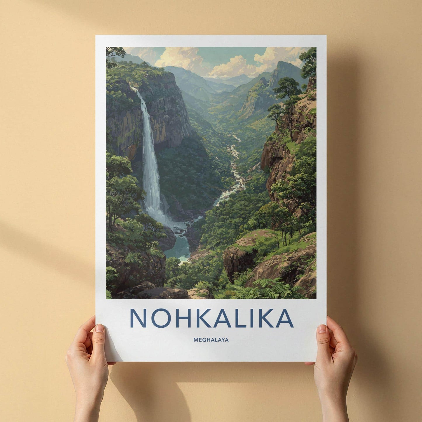 Nohkalika Poster - India Travel Art - Meghalaya Lush Valley Waterfall Home Decor