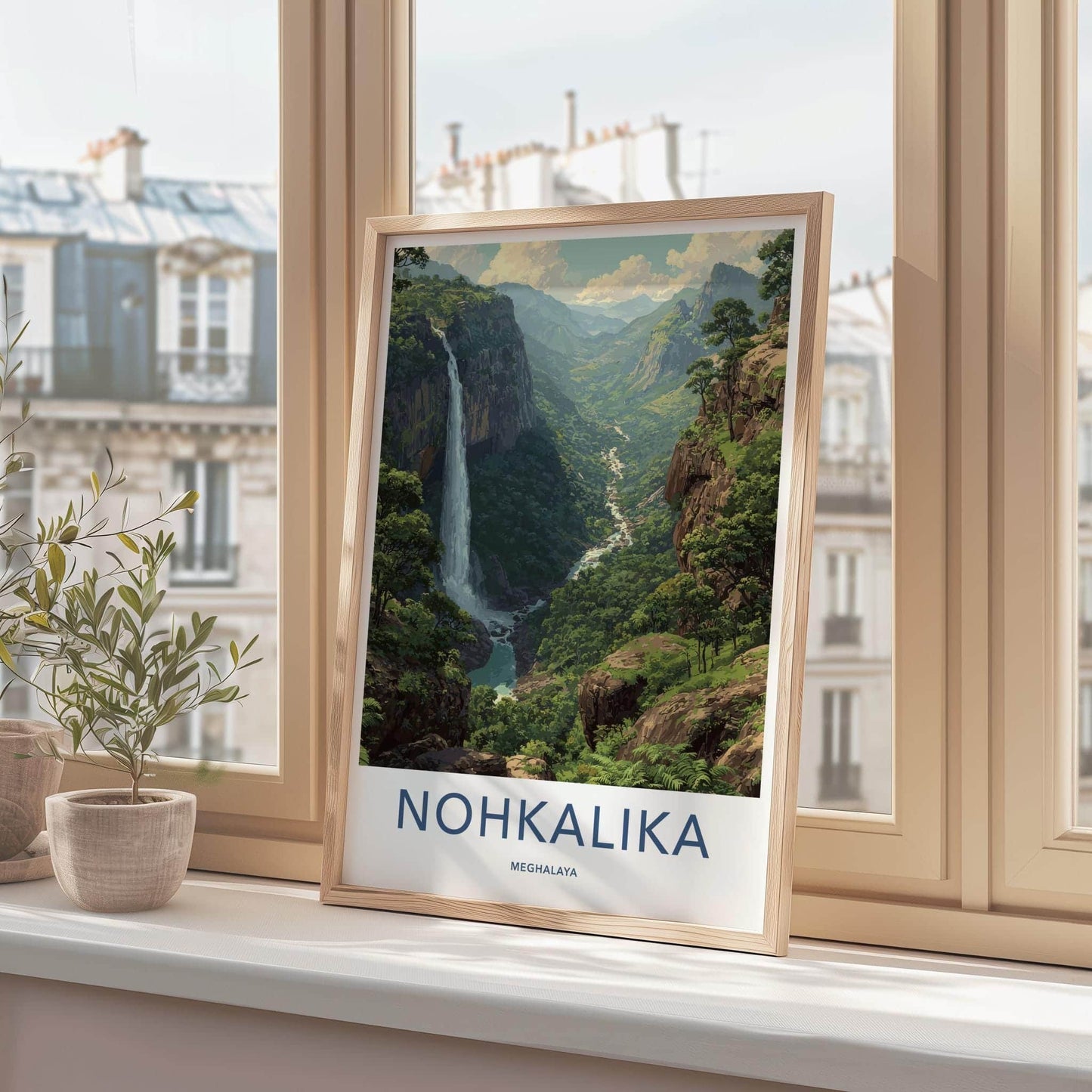 Nohkalika Poster - India Travel Art - Meghalaya Lush Valley Waterfall Home Decor