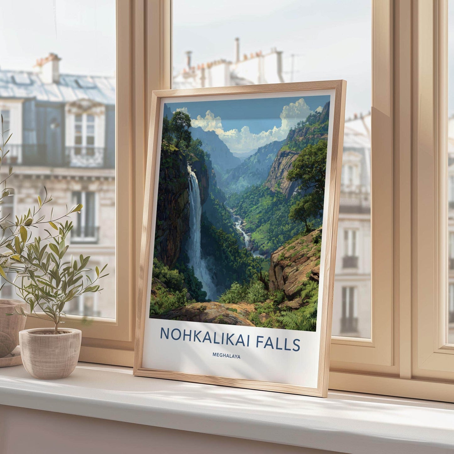 Nohkalikai Falls Poster - India Travel Art - Meghalaya Cascading Water Cliff Home Decor