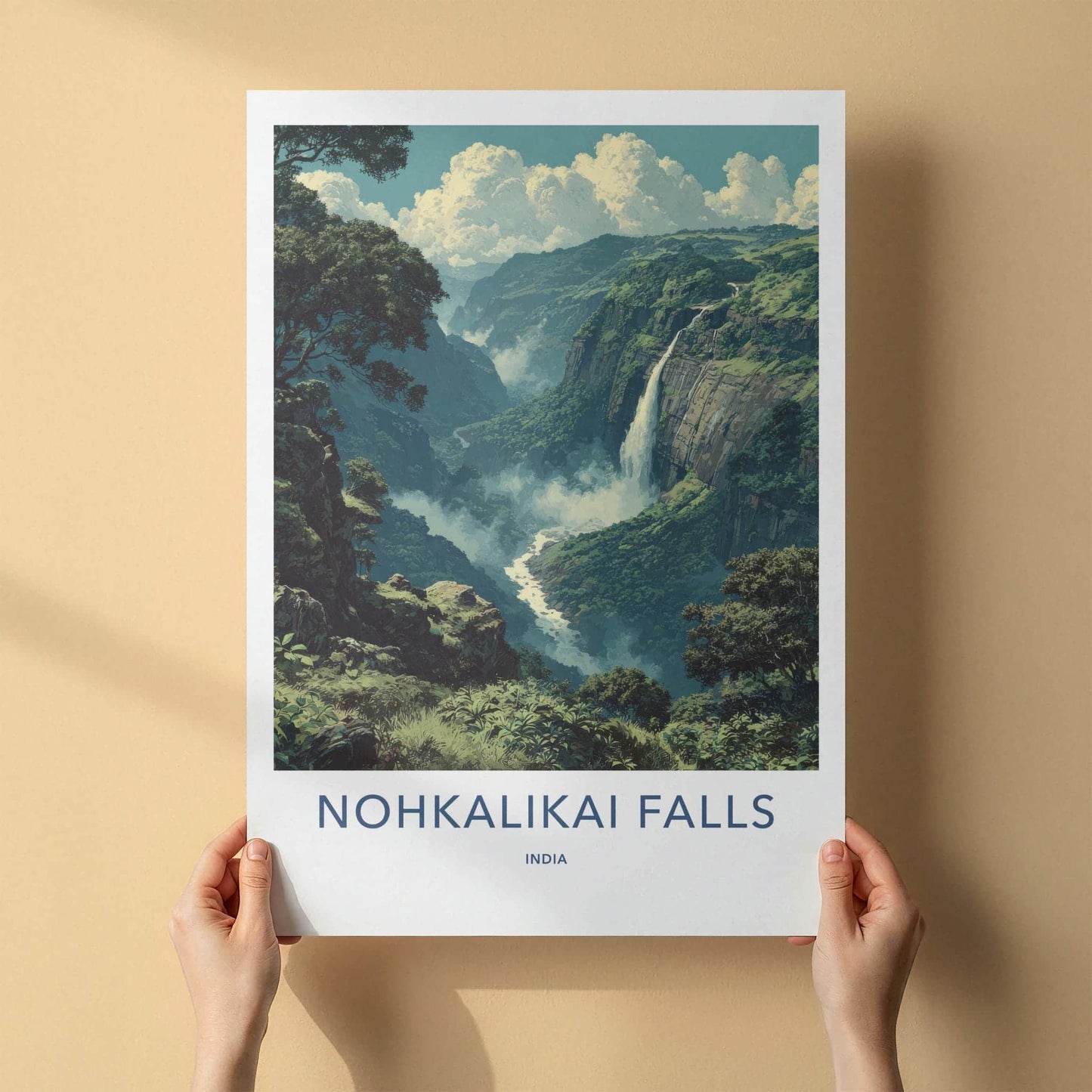 Nohkalikai Falls Poster - India Travel Art - Meghalaya Misty Waterfall Home Decor