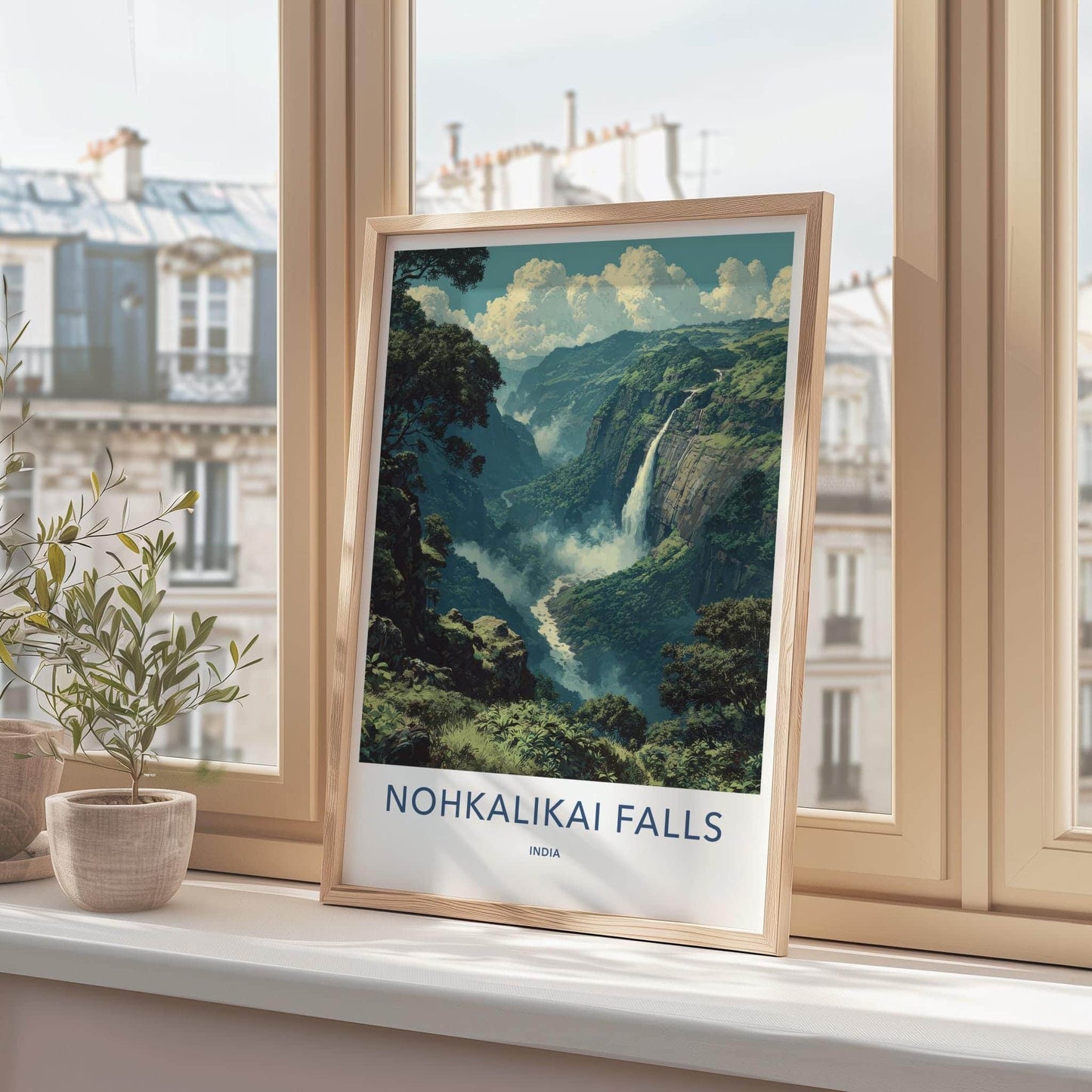 Nohkalikai Falls Poster - India Travel Art - Meghalaya Misty Waterfall Home Decor