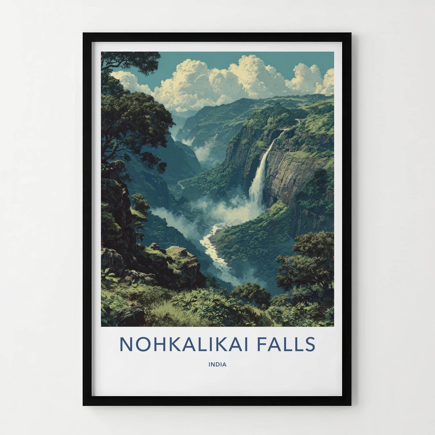 Nohkalikai Falls Poster - India Travel Art - Meghalaya Misty Waterfall Home Decor