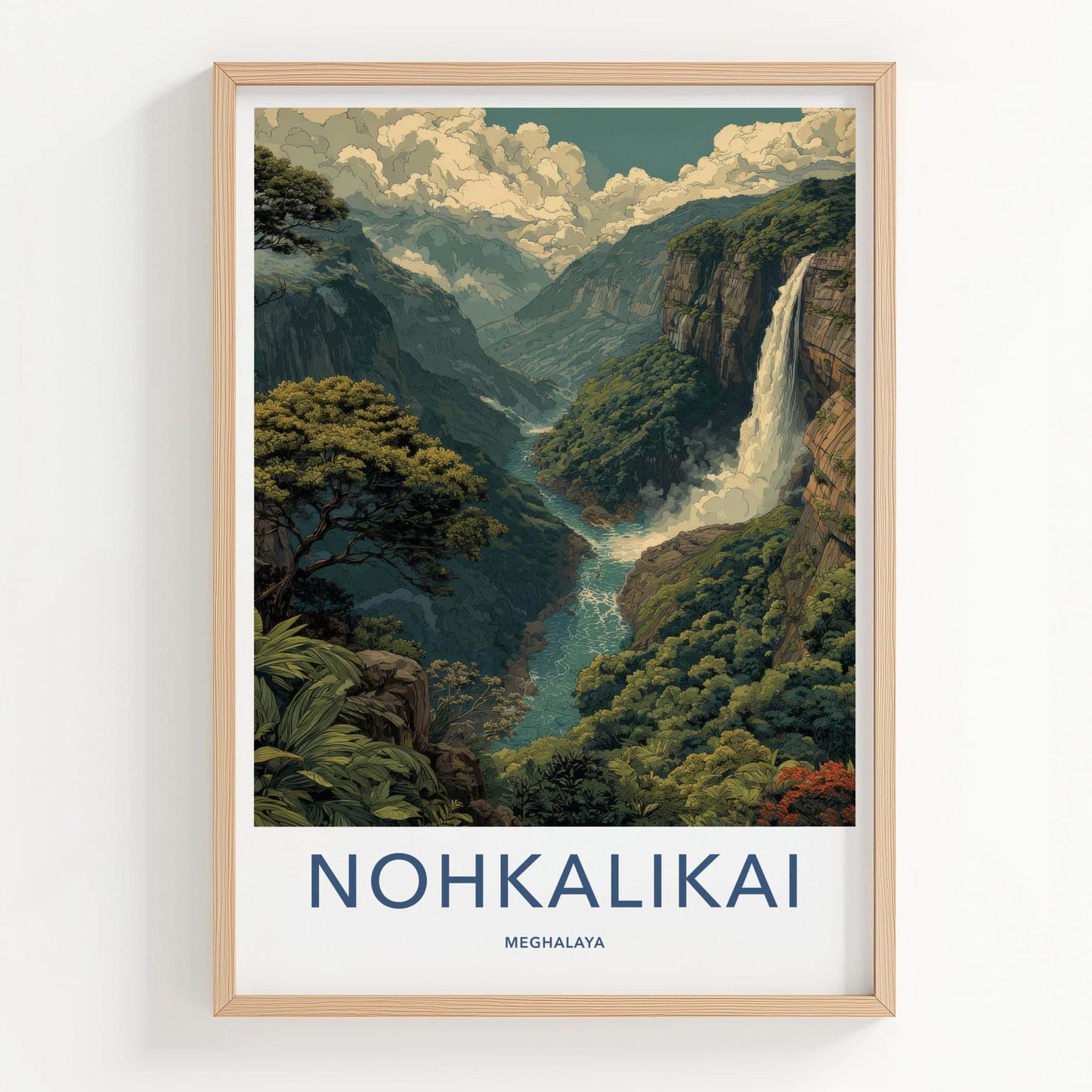 Nohkalikai Poster - India Travel Art - Meghalaya Valley Waterfall Home Decor