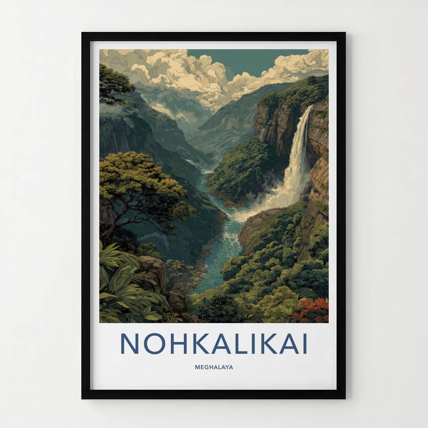 Nohkalikai Poster - India Travel Art - Meghalaya Valley Waterfall Home Decor