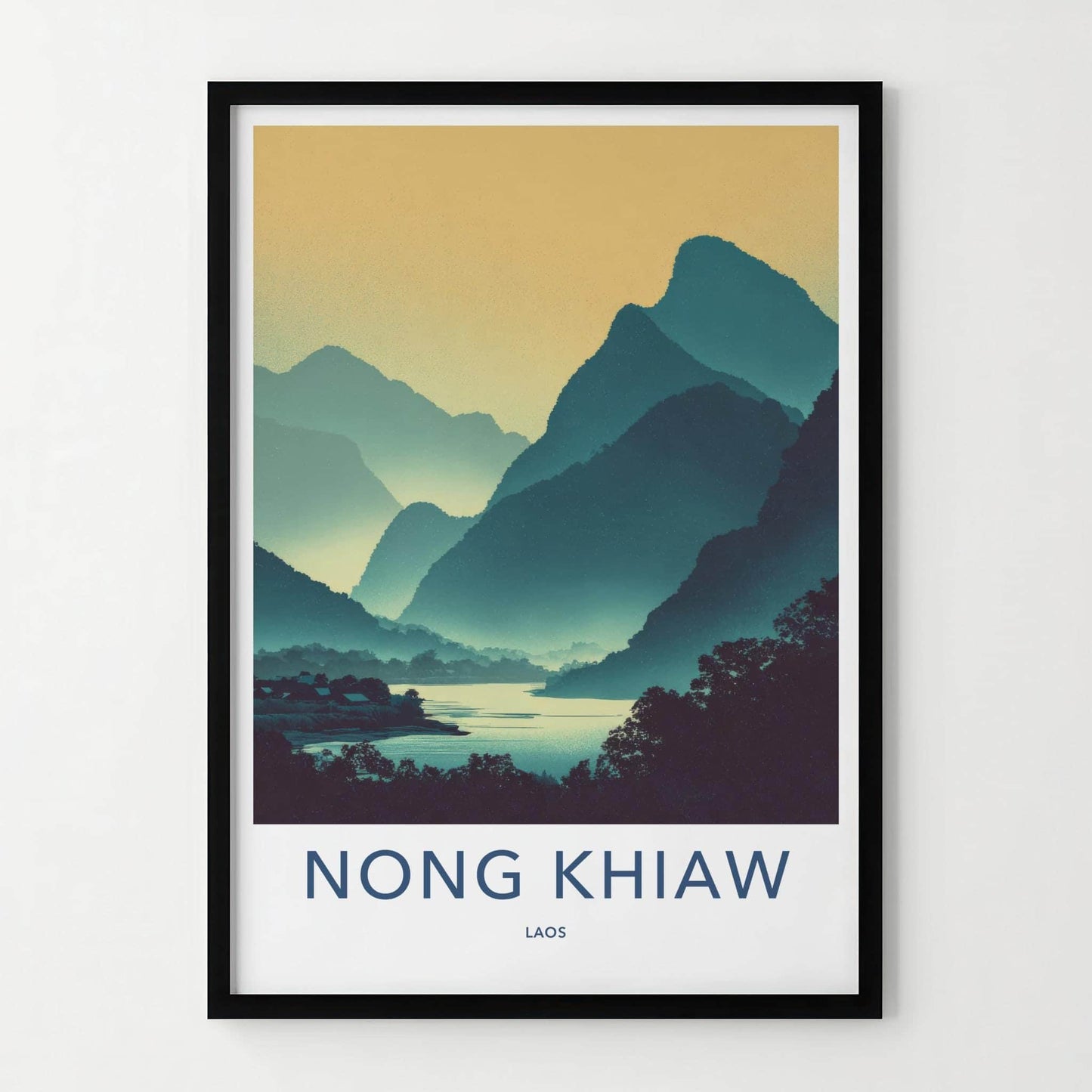 Nong Khiaw Poster - Laos Travel Art - Layered Mountain River Home Decor