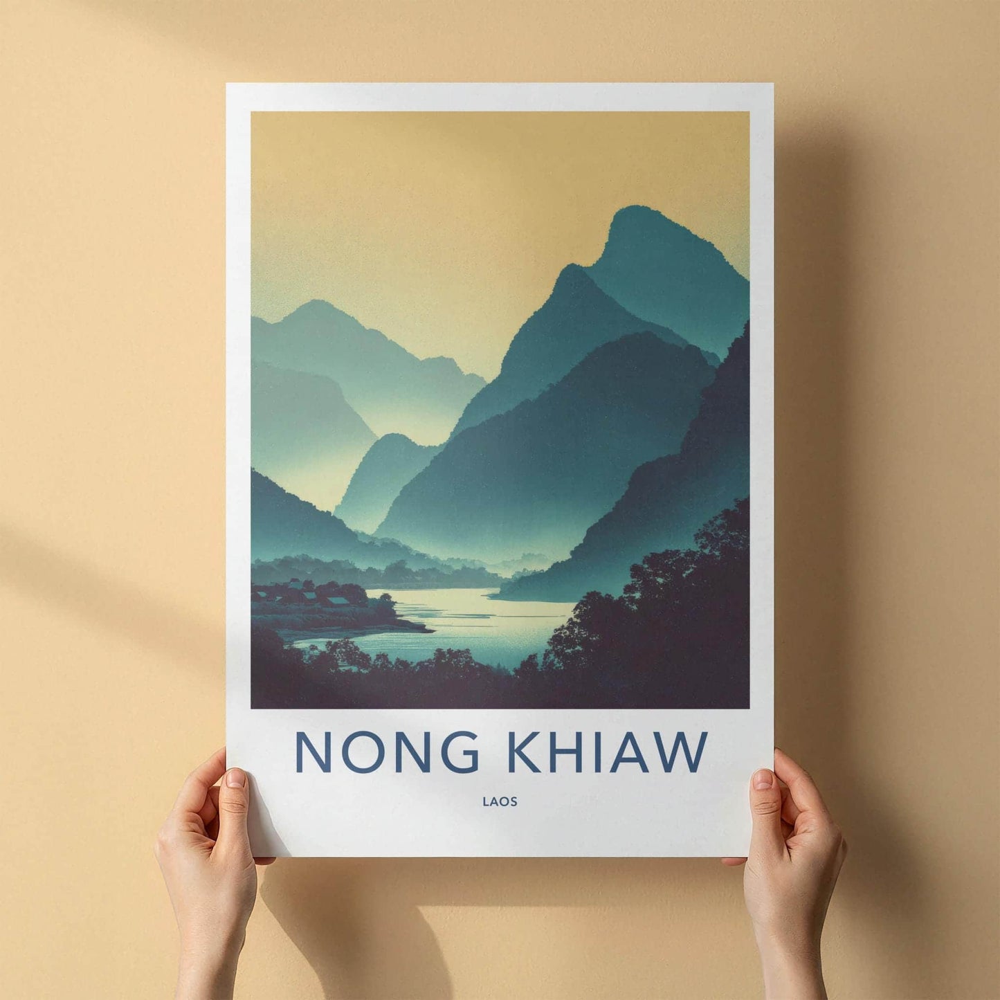 Nong Khiaw Poster - Laos Travel Art - Layered Mountain River Home Decor