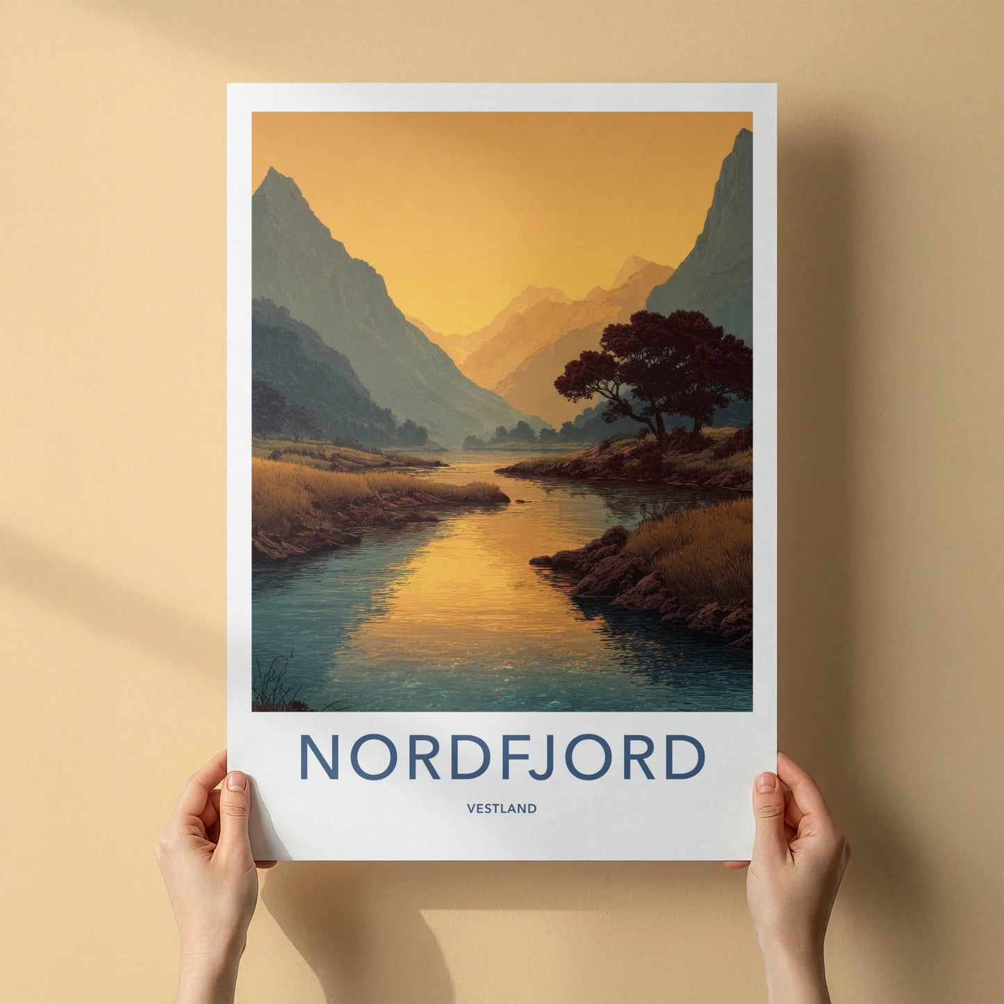 Nordfjord Poster - Norway Travel Art - Fjord Mountain Sunset Wall Decor