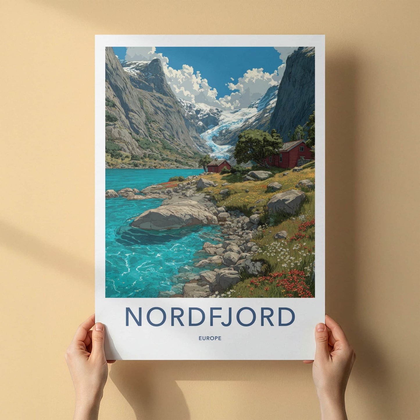 Nordfjord Poster - Norway Travel Art - Glacier Fjord Cabin Home Decor
