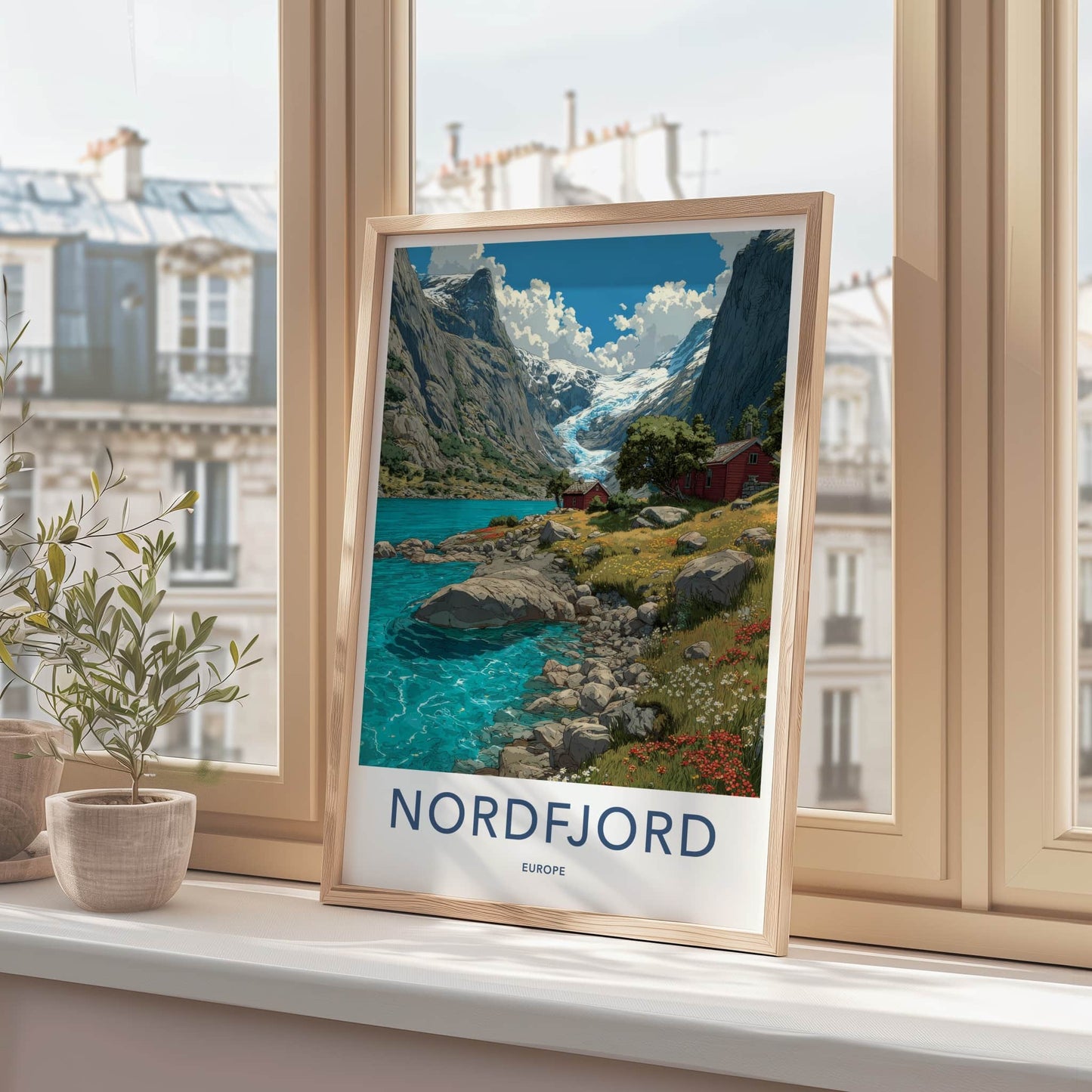 Nordfjord Poster - Norway Travel Art - Glacier Fjord Cabin Home Decor