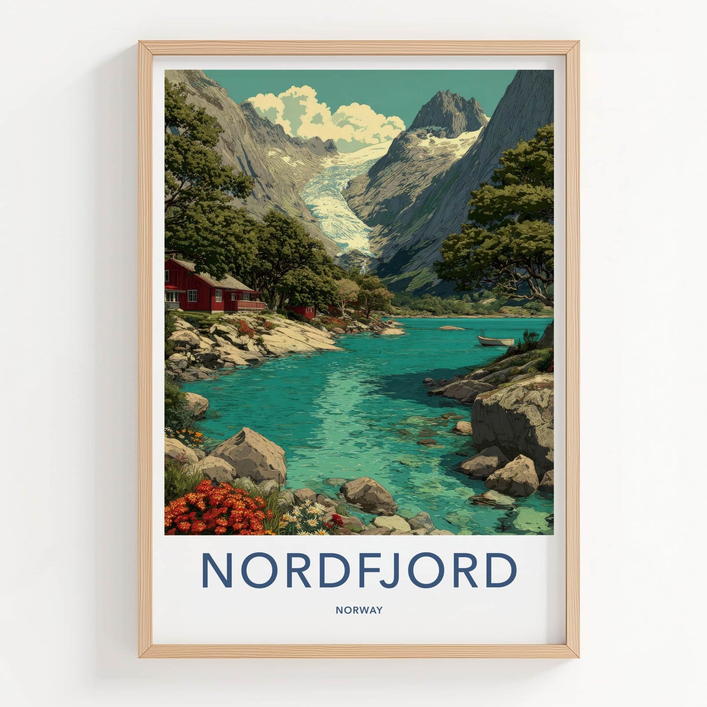 Nordfjord Poster - Norway Travel Art - Glacier Lake Cabin Home Decor