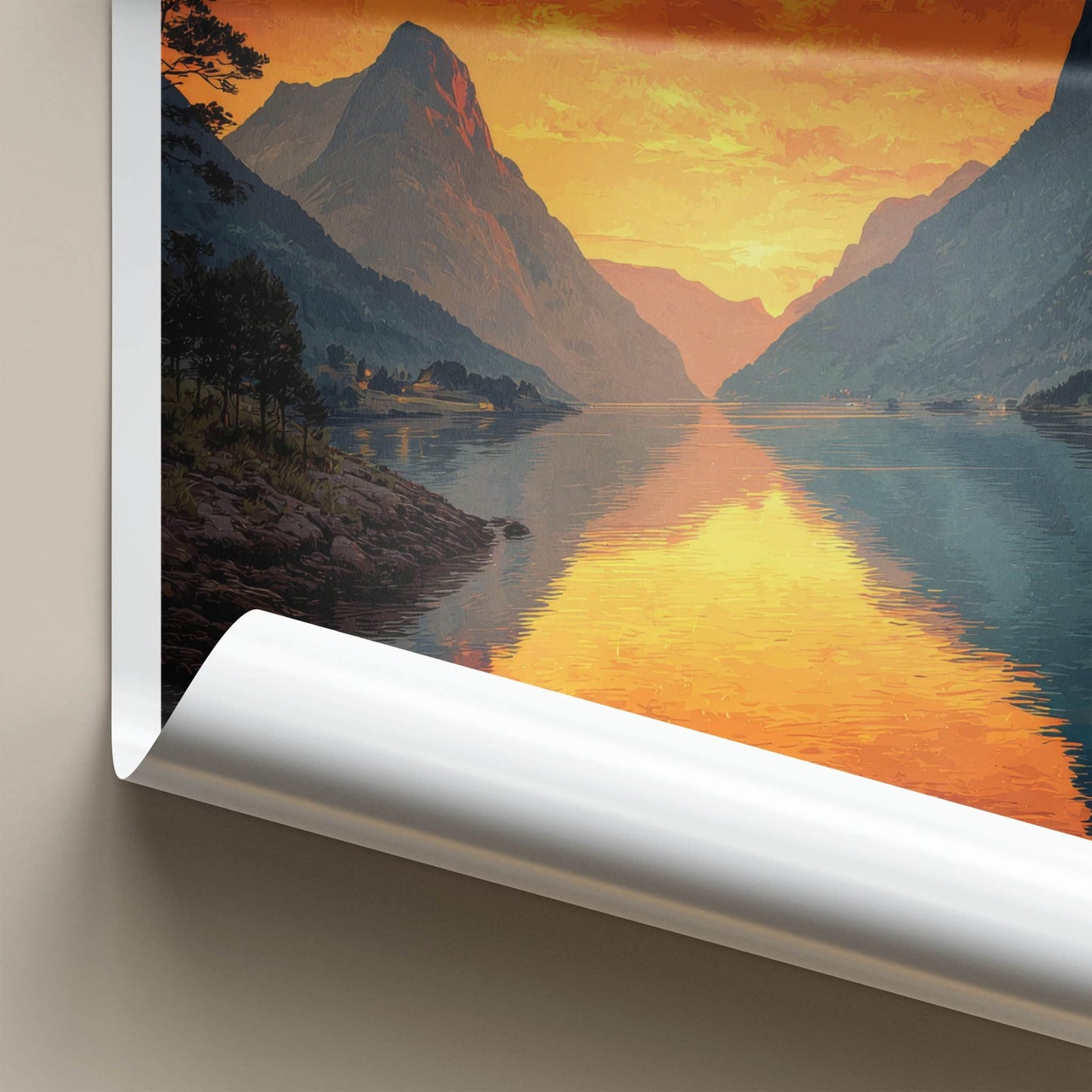 Nordfjord Poster - Norway Travel Art - Golden Water Reflections Home Decor