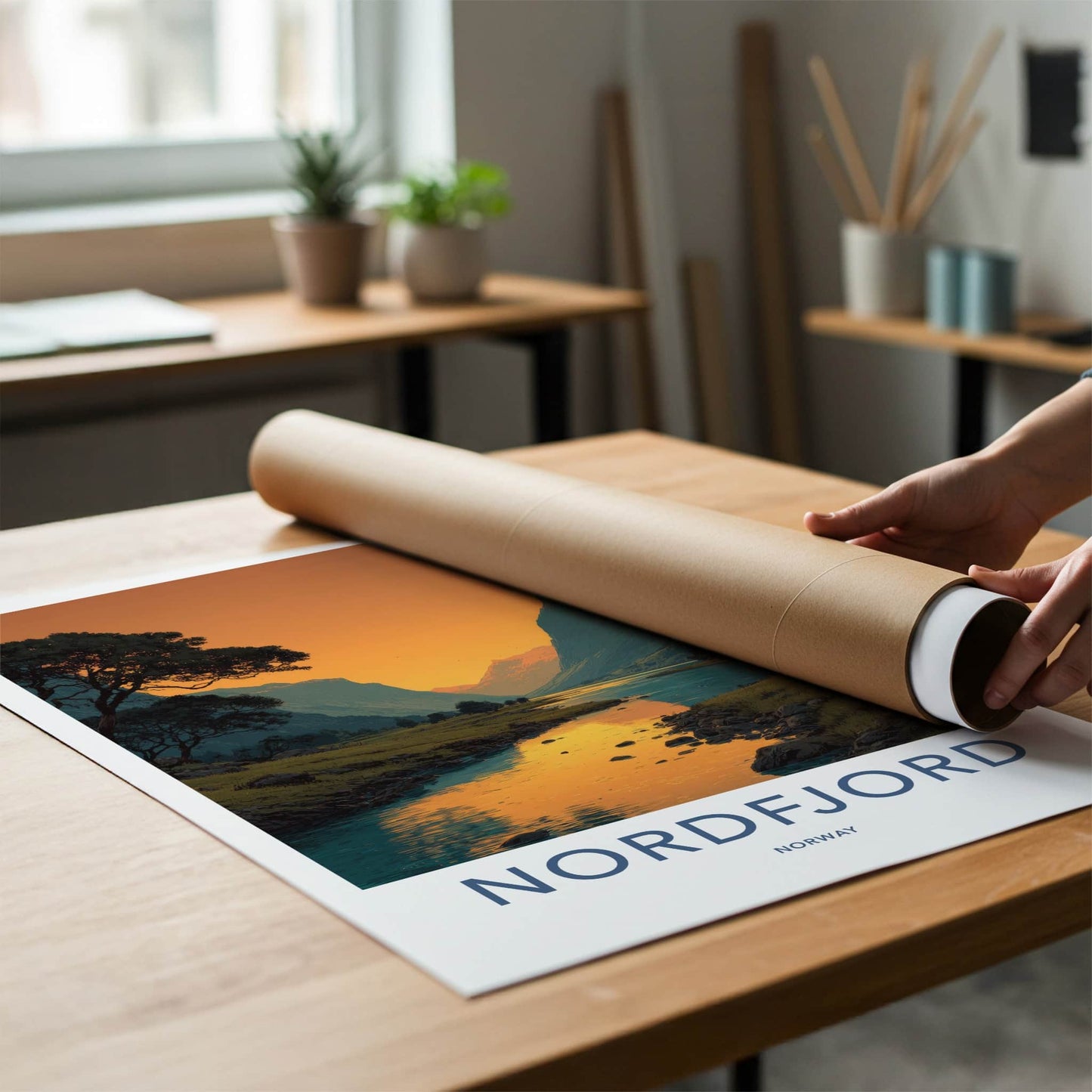 Nordfjord Poster - Norway Travel Art - Orange Sunset Fjord Home Decor