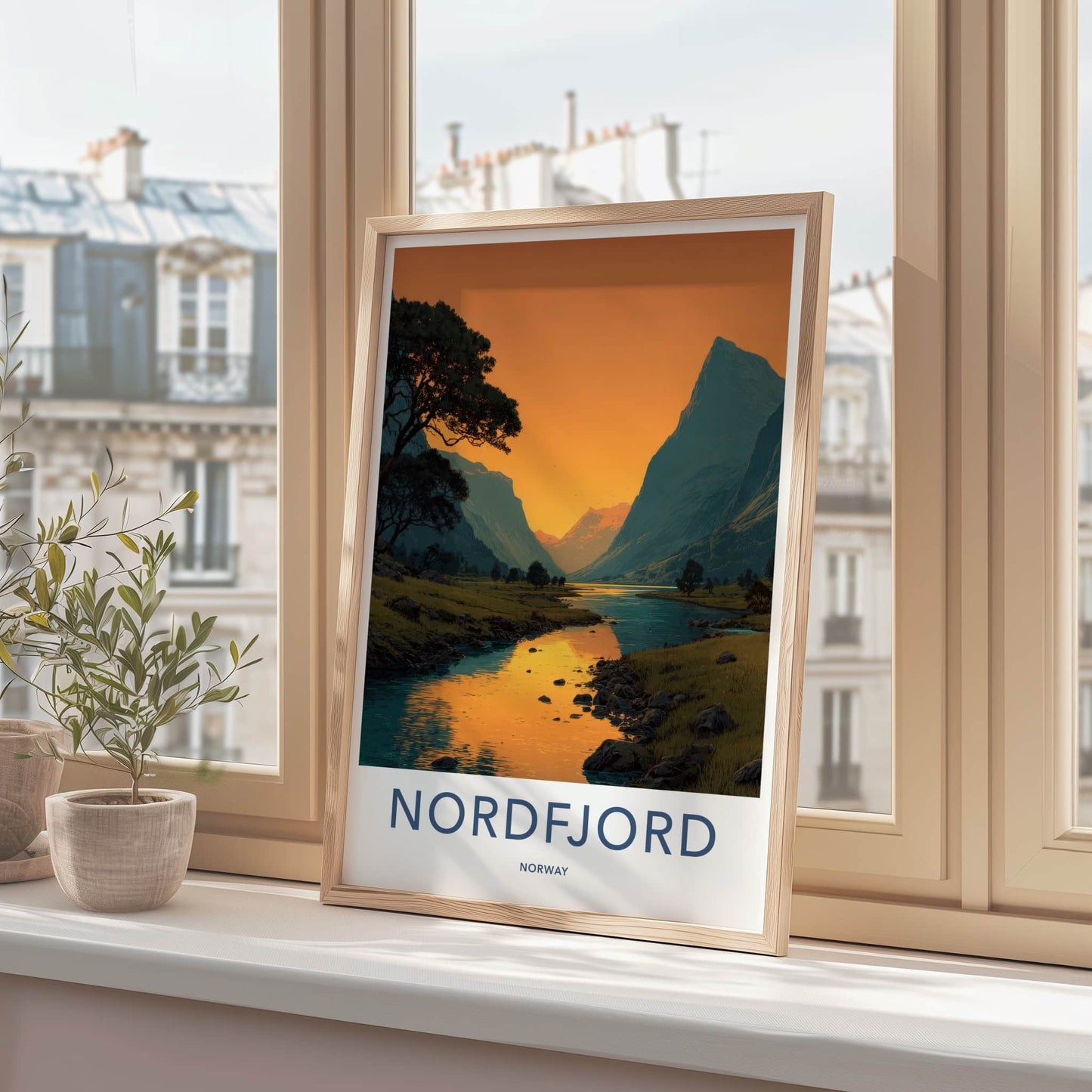 Nordfjord Poster - Norway Travel Art - Orange Sunset Fjord Home Decor