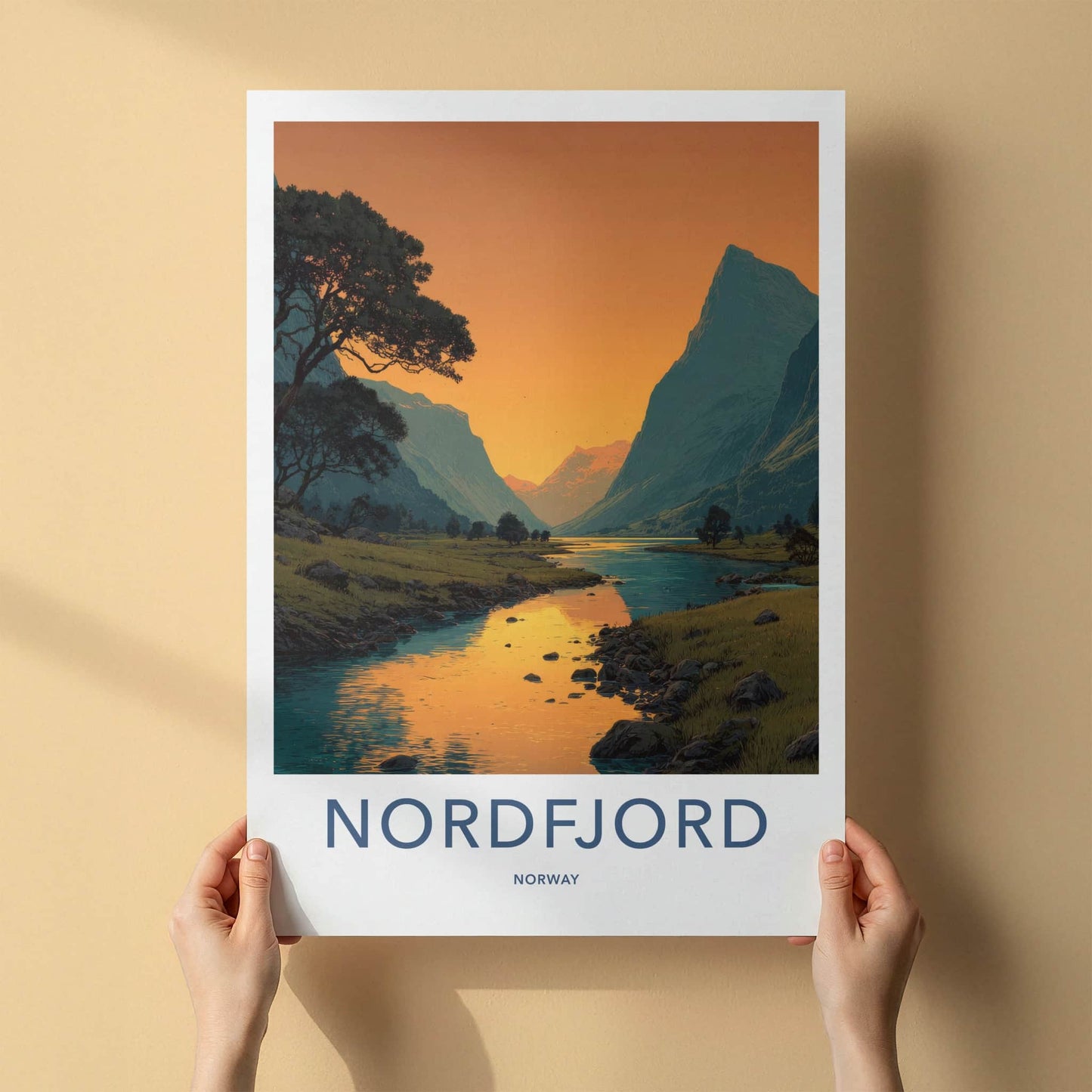 Nordfjord Poster - Norway Travel Art - Orange Sunset Fjord Home Decor