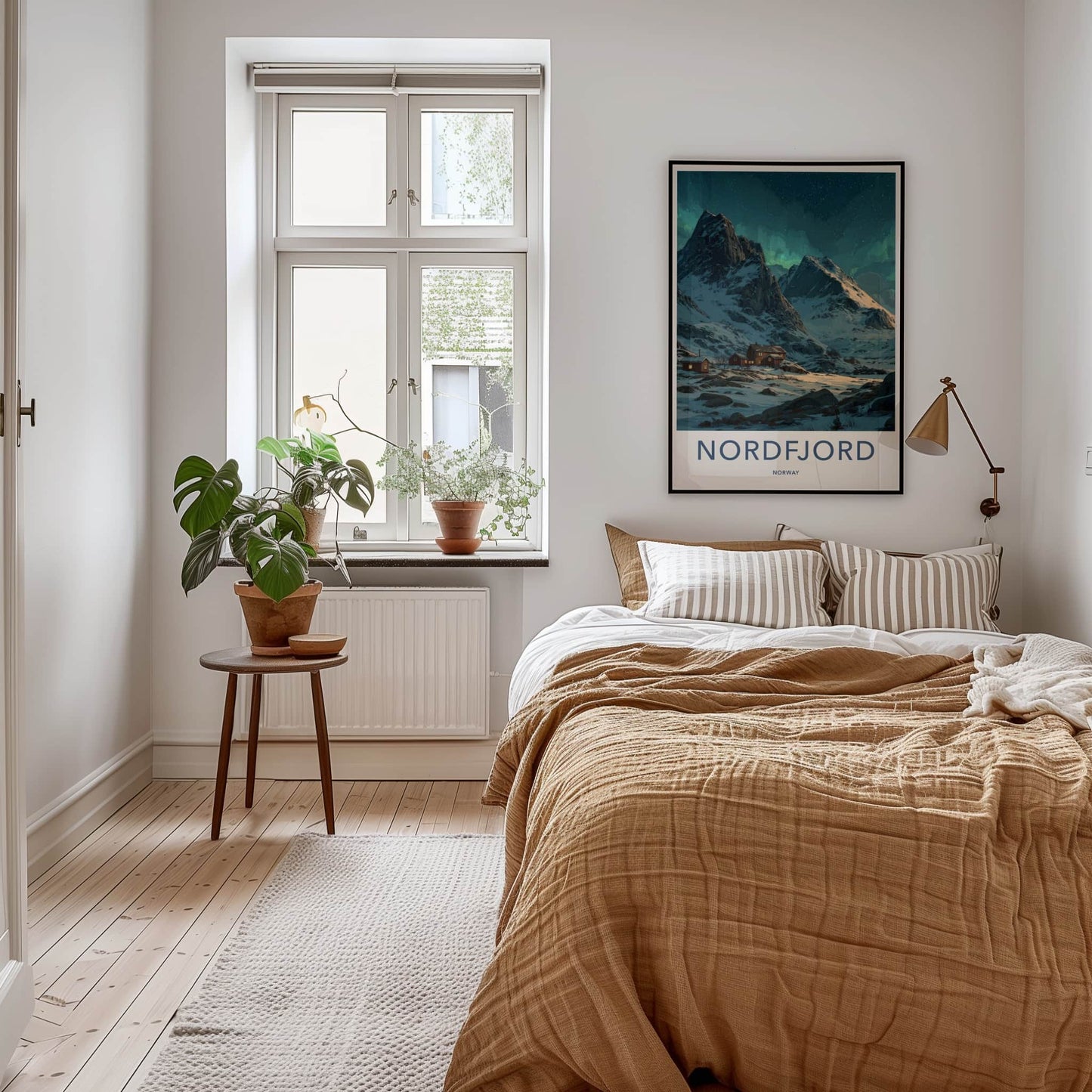 Nordfjord Poster - Norway Travel Art - Snowy Mountain Cabins Home Decor