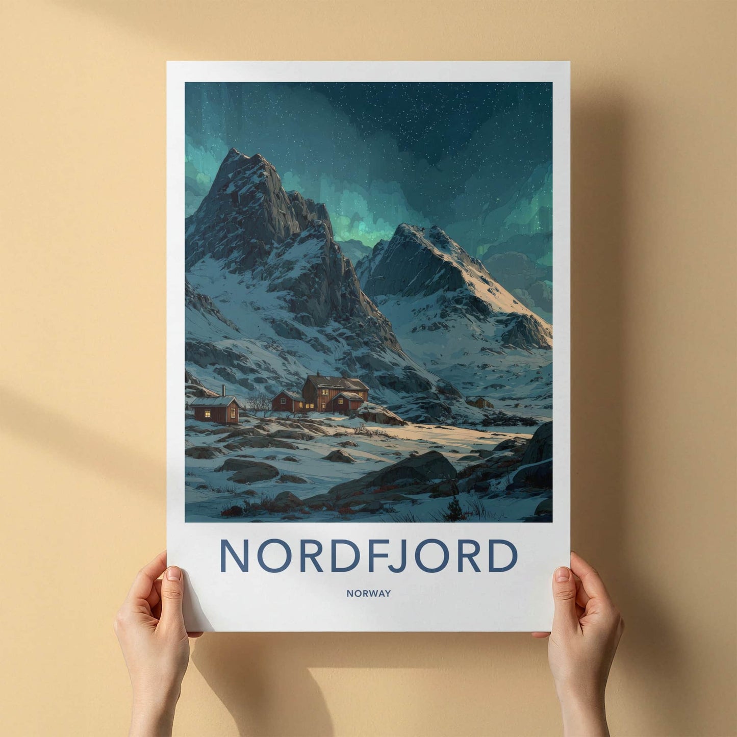 Nordfjord Poster - Norway Travel Art - Snowy Mountain Cabins Home Decor