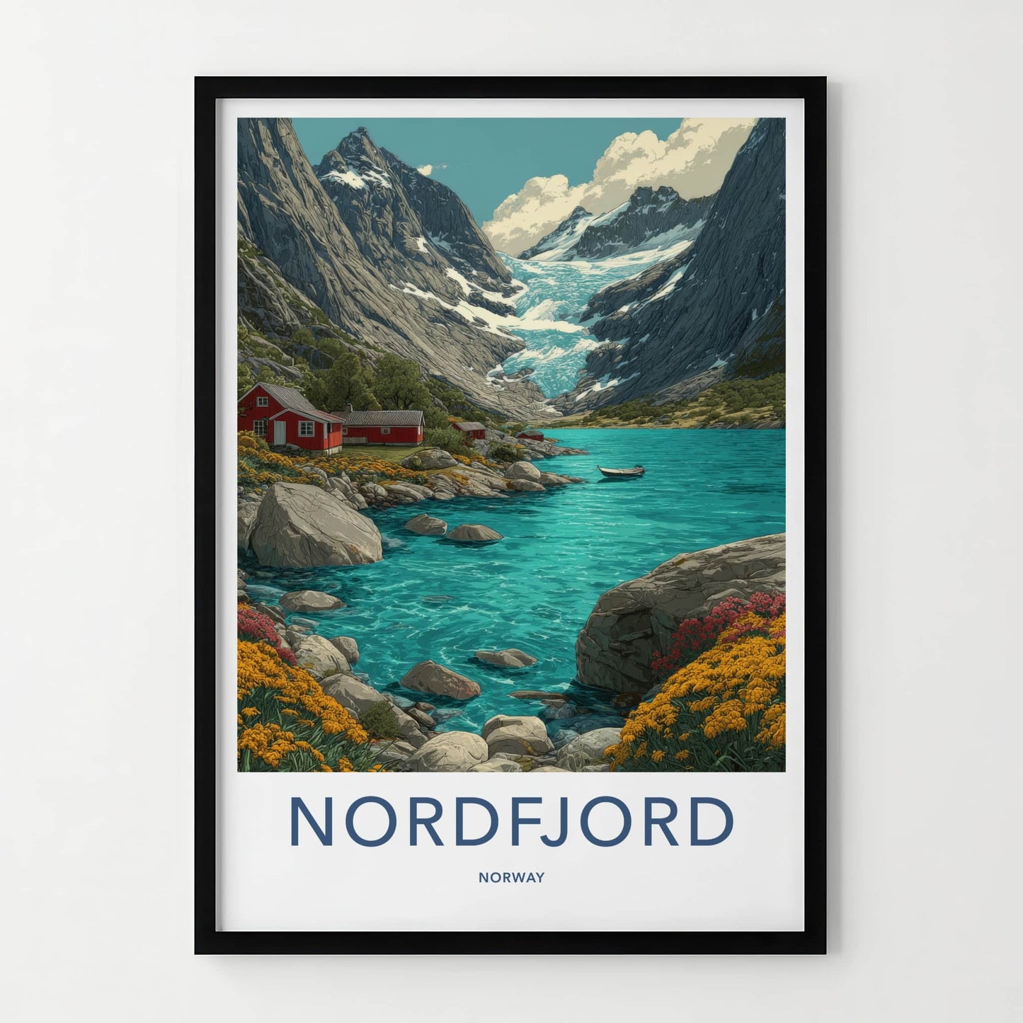 Nordfjord Poster - Norway Wall Art - Mountain Glacier Cabins Home Decor