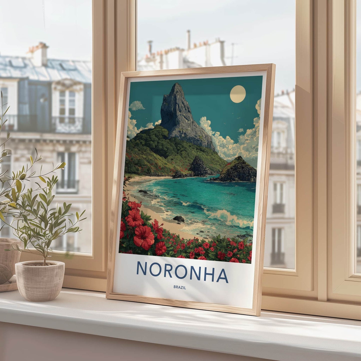 Noronha Poster - Brazil Framed Art - Mountain Beach Hibiscus Home Art