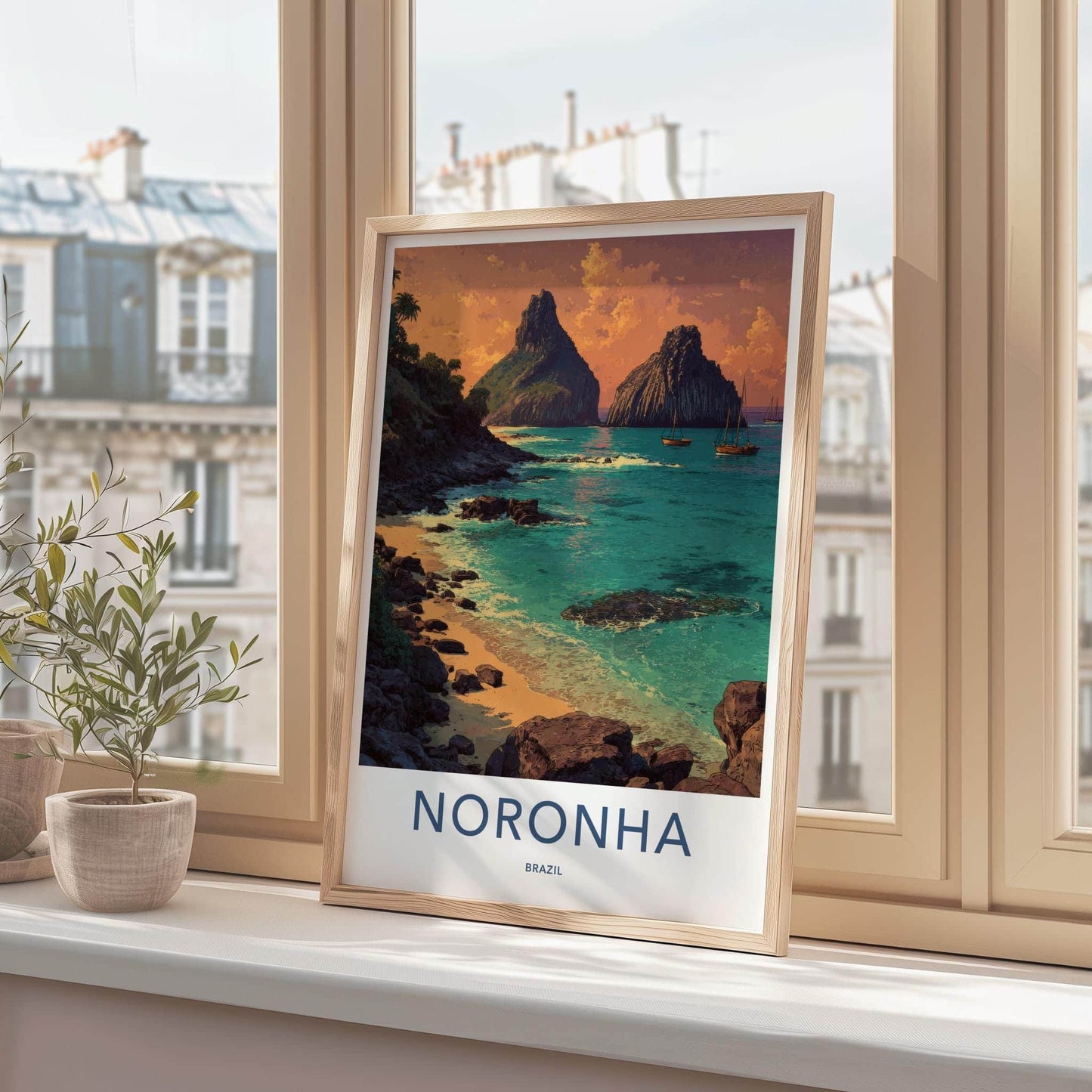 Noronha Poster - Brazil Travel Art - Volcanic Beach Sunset Home Decor