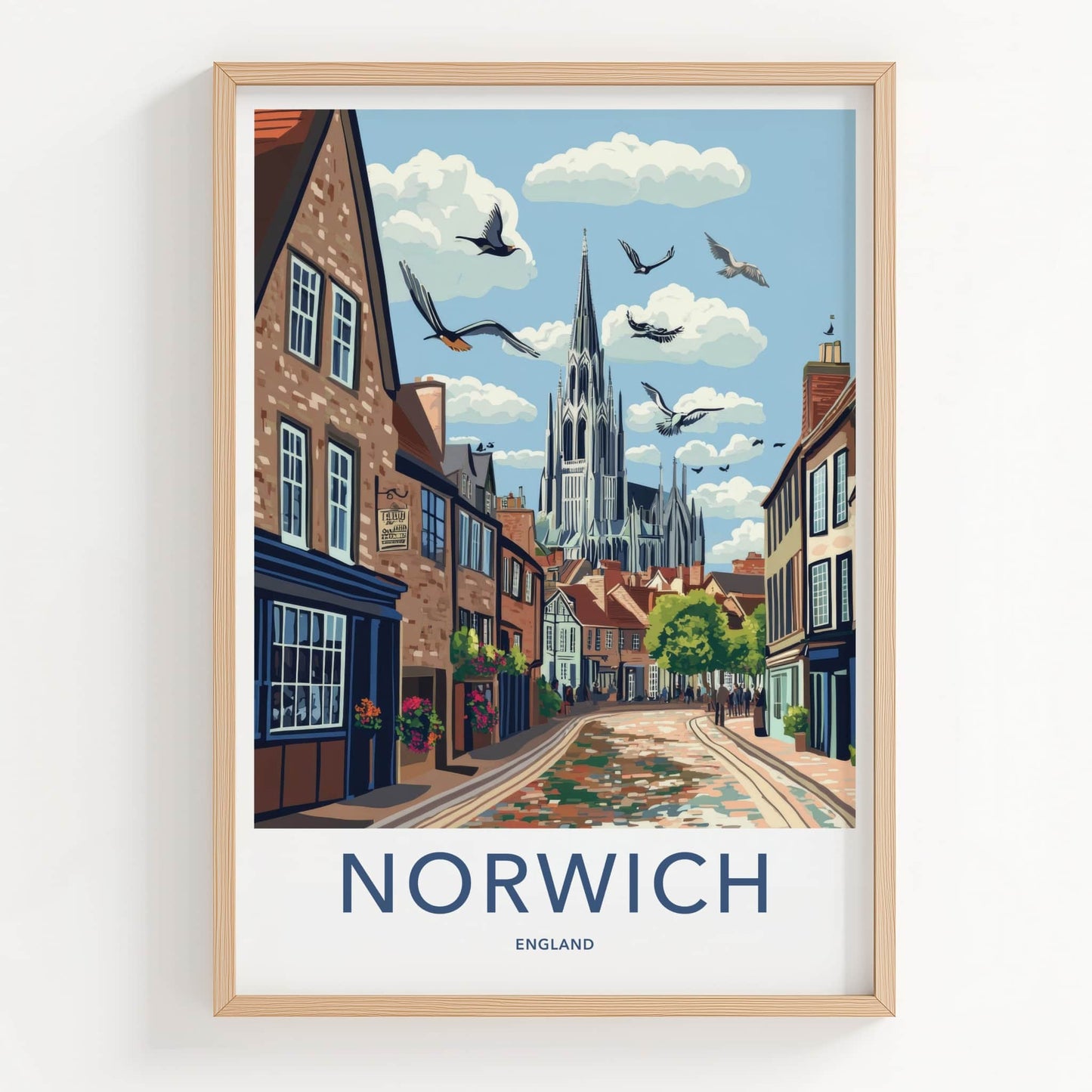 Norwich Poster - England Travel Art - Historic Street Scene Home Decor