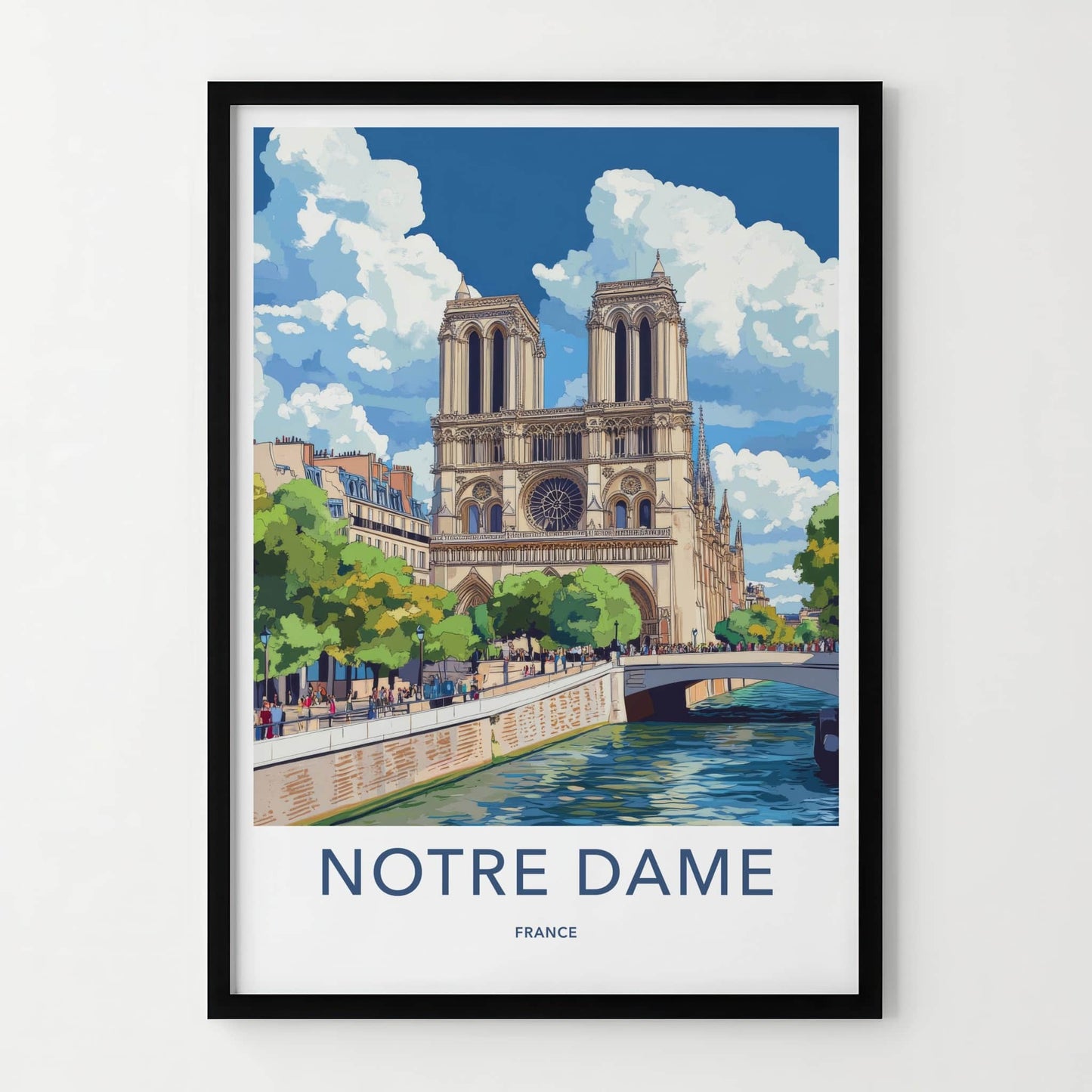 Notre Dame Poster - France Travel Art - Historic River Scene Home Decor