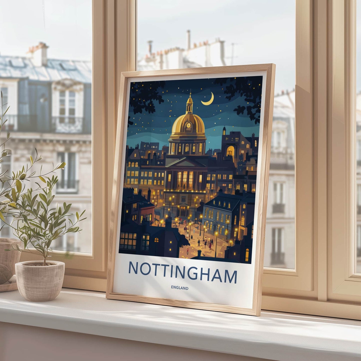 Nottingham Poster - England Wall Art - Moonlit City Square Home Decor