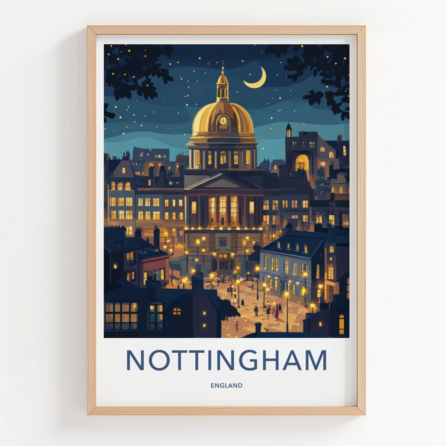 Nottingham Poster - England Wall Art - Moonlit City Square Home Decor