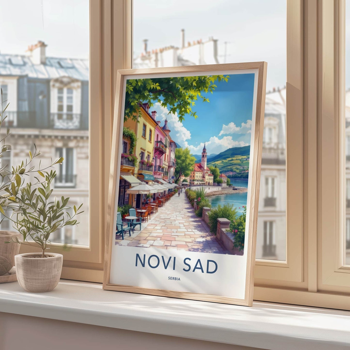 Novi Sad Poster - Serbia Travel Art - Vibrant Cafe Riverwalk Home Decor