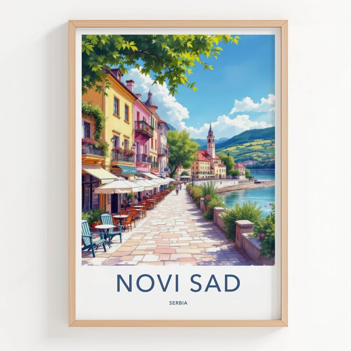 Novi Sad Poster - Serbia Travel Art - Vibrant Cafe Riverwalk Home Decor