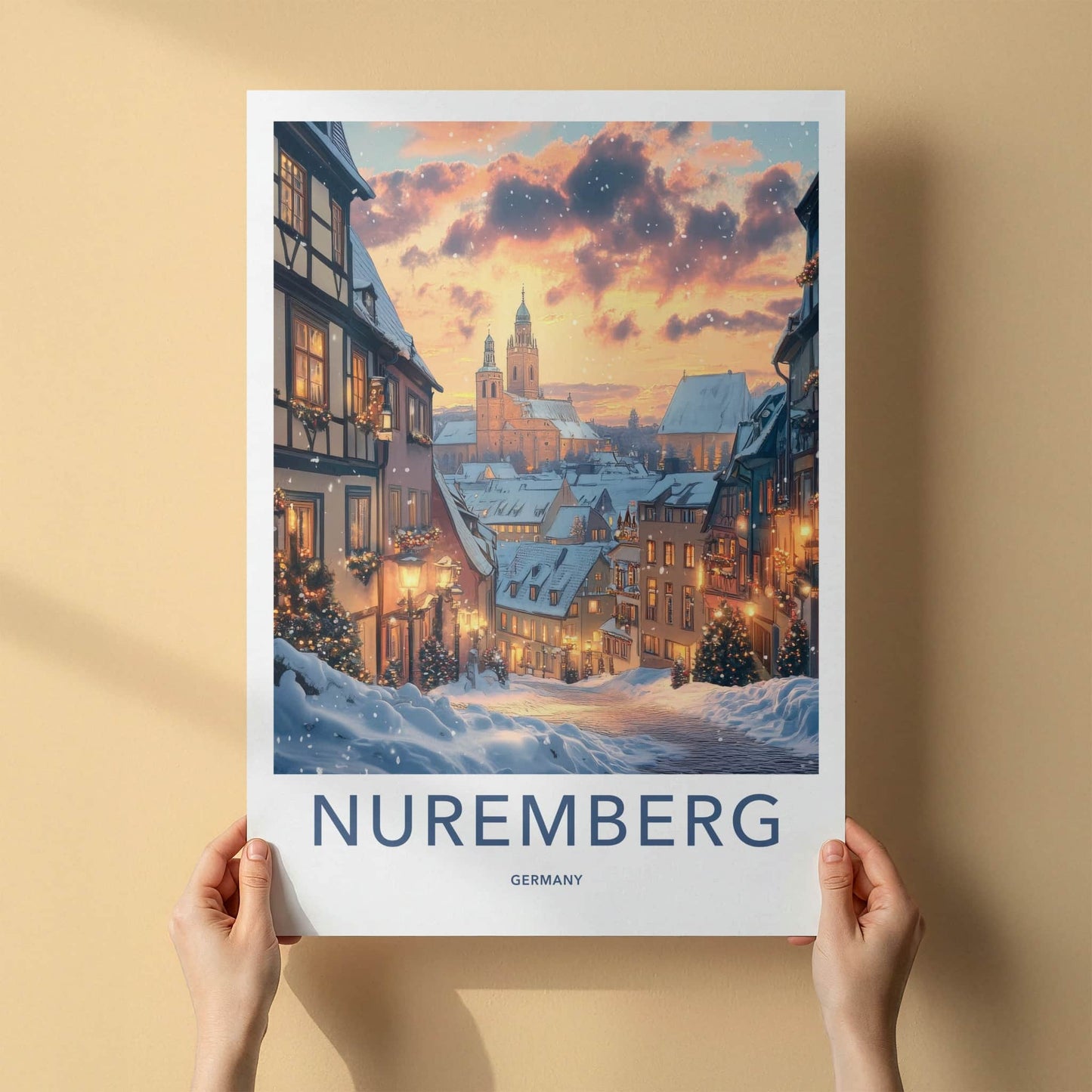 Nuremberg Poster - Germany Travel Art - Snowy Town Evening Home Decor