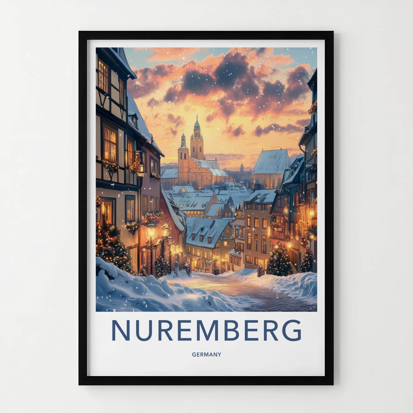 Nuremberg Poster - Germany Travel Art - Snowy Town Evening Home Decor