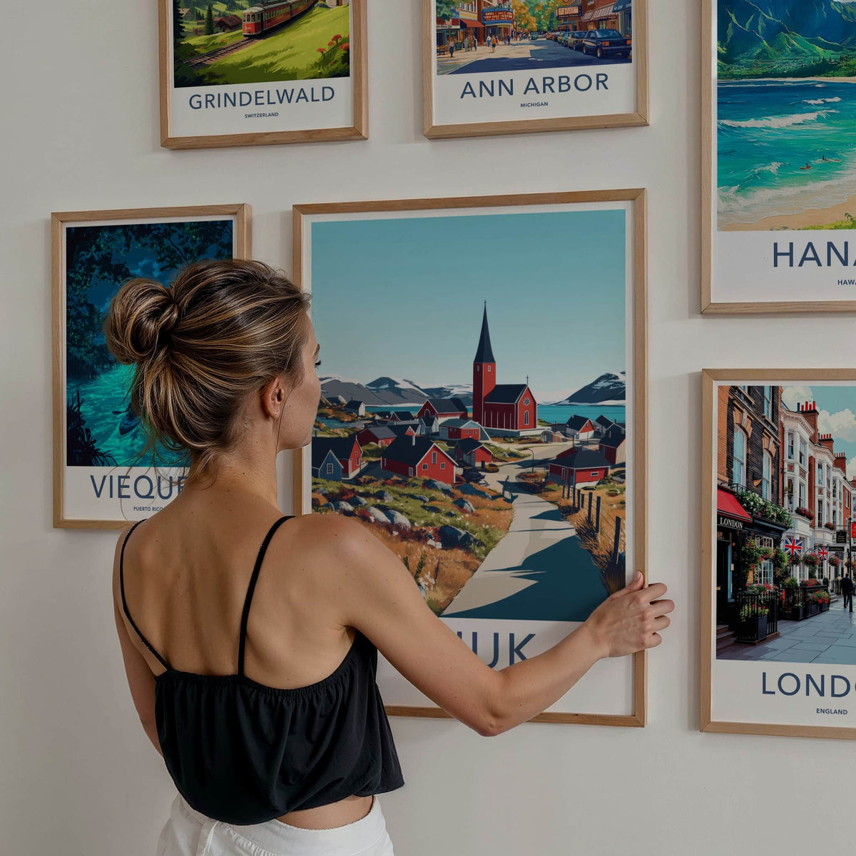 Nuuk Poster - Greenland Travel Art - Fjordside Red Village Home Decor