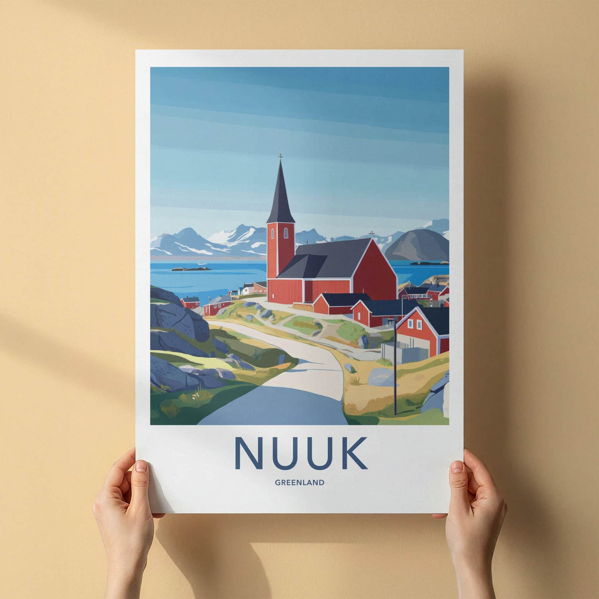 Nuuk Poster - Greenland Travel Art - Red Church Seascape Home Decor