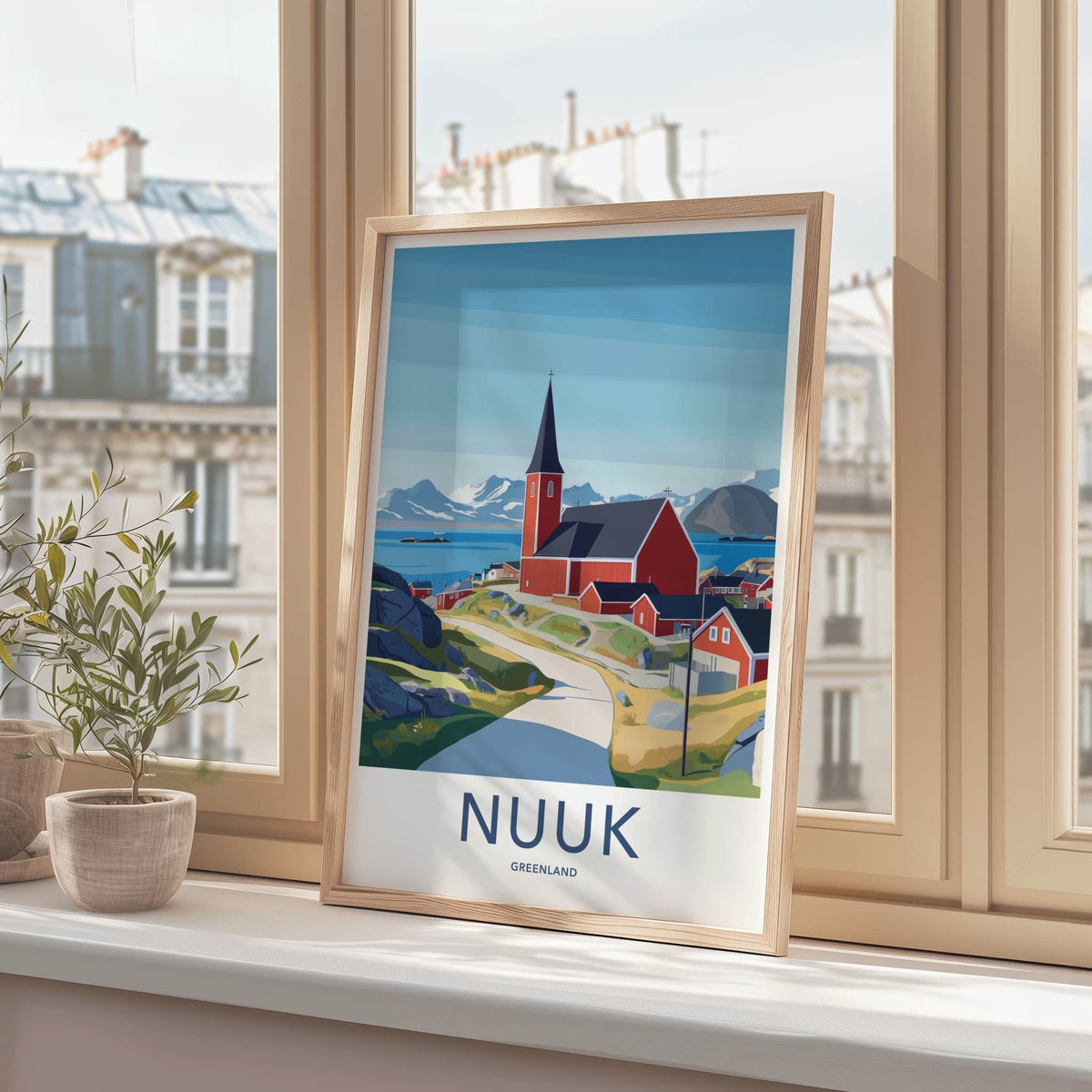 Nuuk Poster - Greenland Travel Art - Red Church Seascape Home Decor