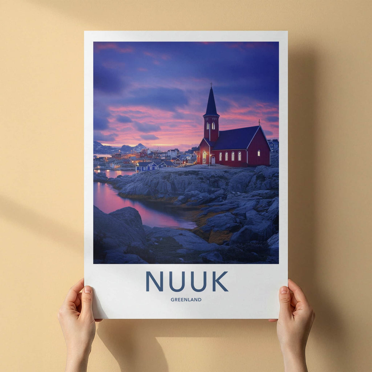 Nuuk Poster - Greenland Travel Art - Red Church Sunset Home Decor