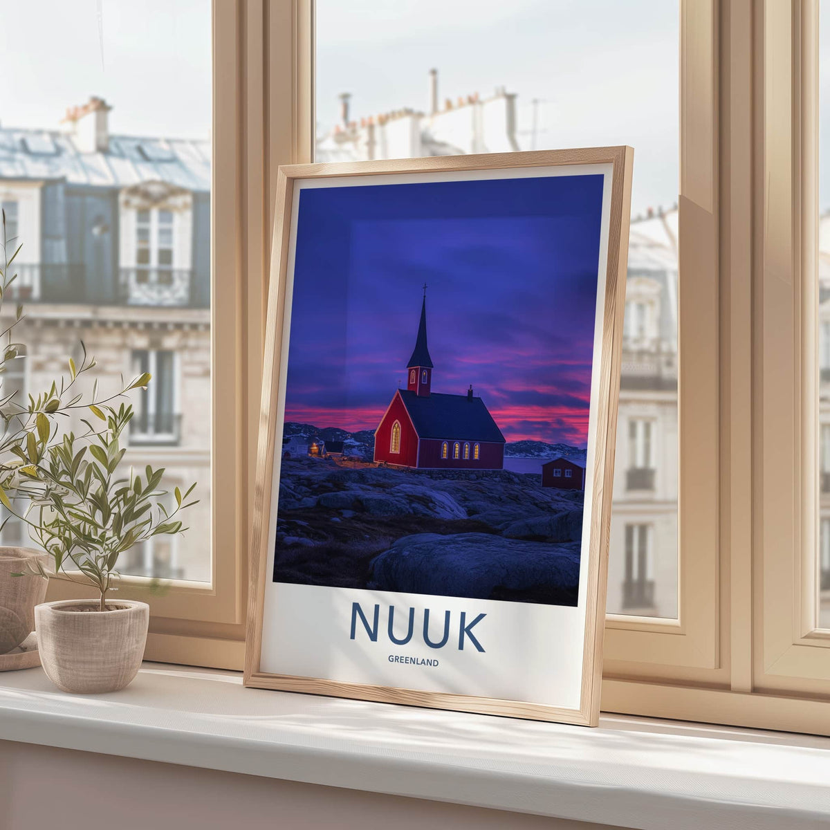 Nuuk Poster - Greenland Travel Art - Red Church Twilight Home Decor