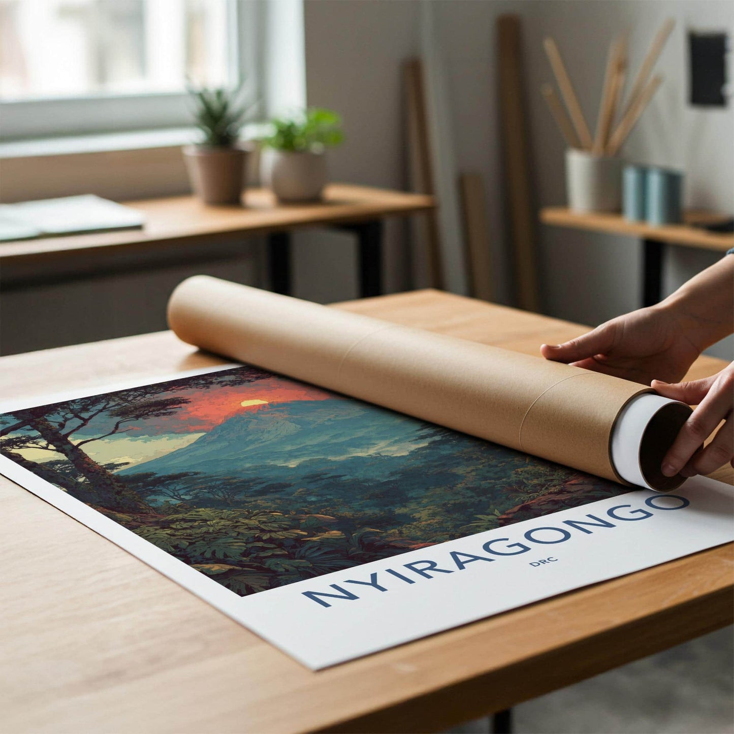 Nyiragongo Poster - Democratic Republic Congo Travel Art - Fiery Volcano Jungle Home Decor