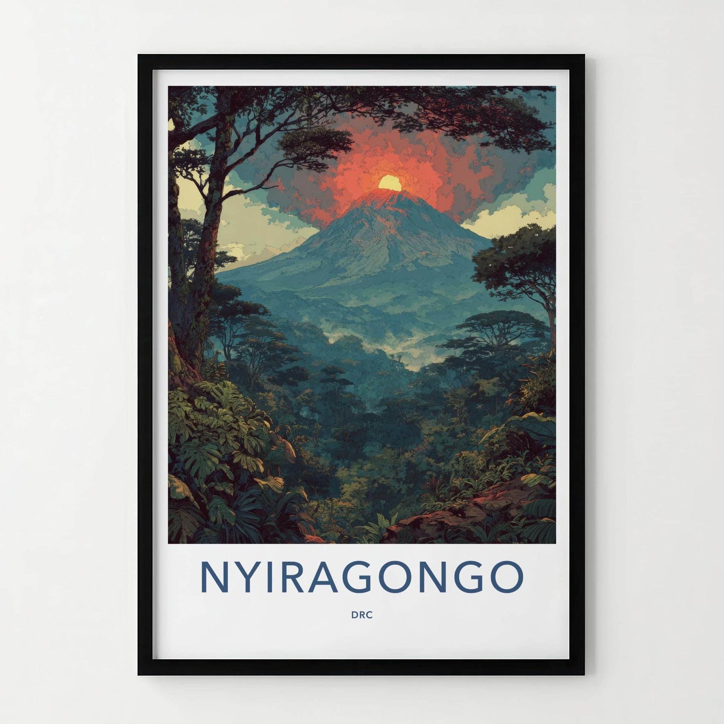 Nyiragongo Poster - Democratic Republic Congo Travel Art - Fiery Volcano Jungle Home Decor