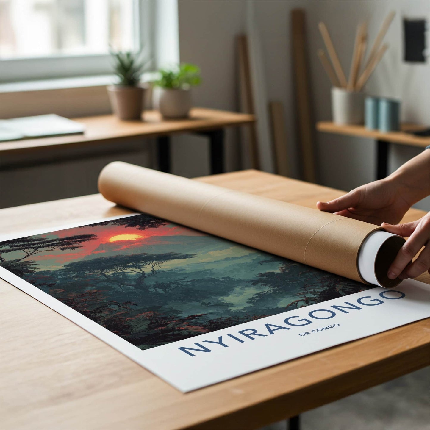 Nyiragongo Poster - DR Congo Travel Print - Fiery Sunset Mountain Home Decor