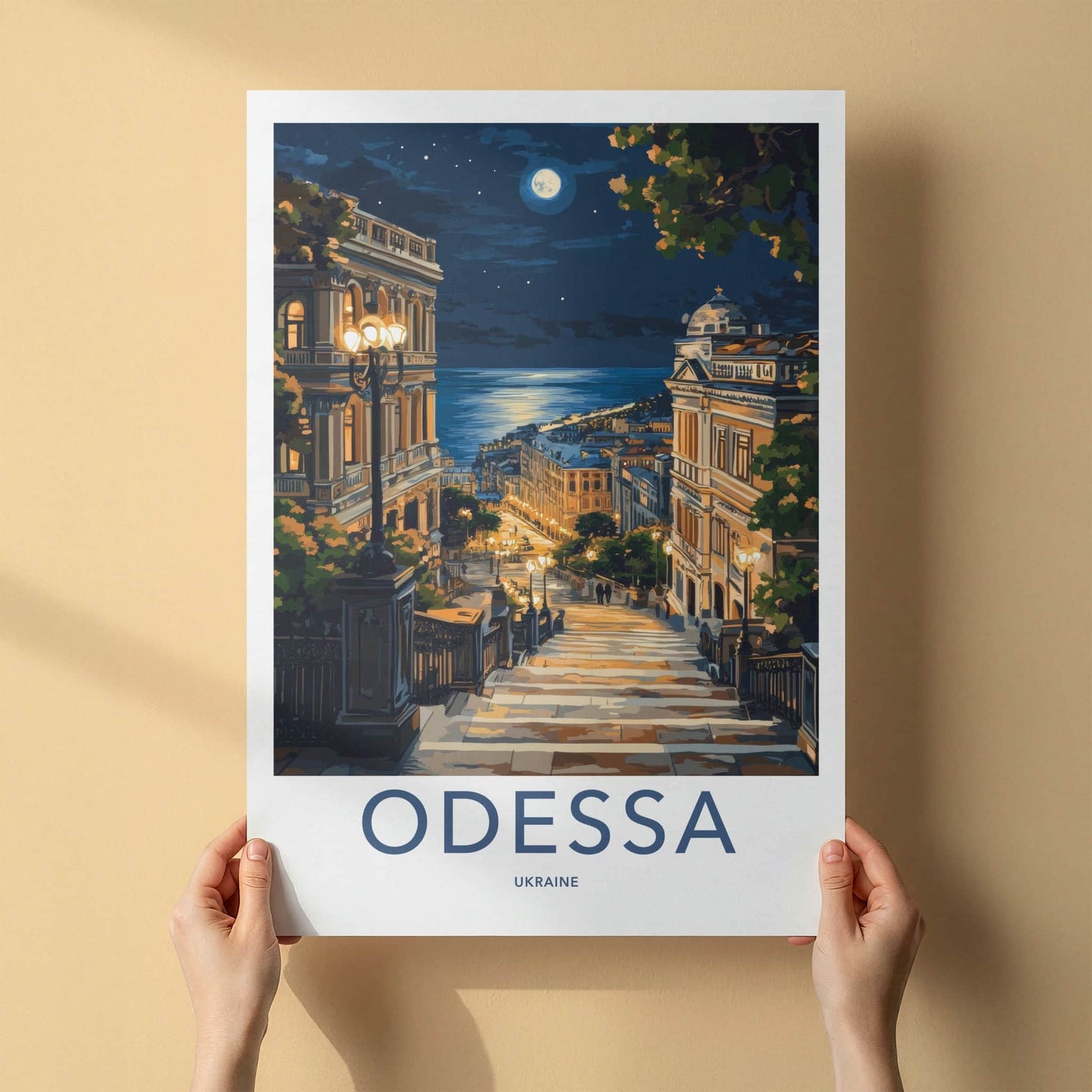 Odessa Poster - Ukraine Travel Art - Moonlit Seaside Steps Home Decor
