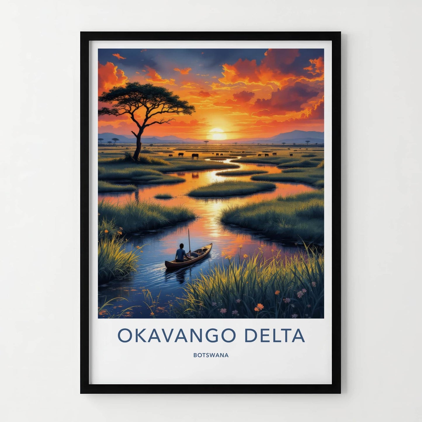 Okavango Delta Poster - Botswana Travel Art - Delta Sunset Paddler Home Decor