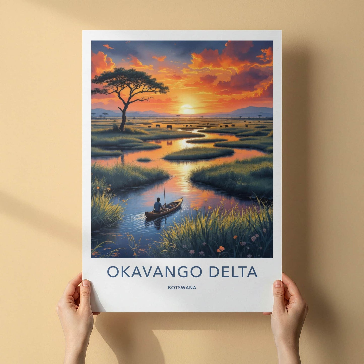 Okavango Delta Poster - Botswana Travel Art - Delta Sunset Paddler Home Decor