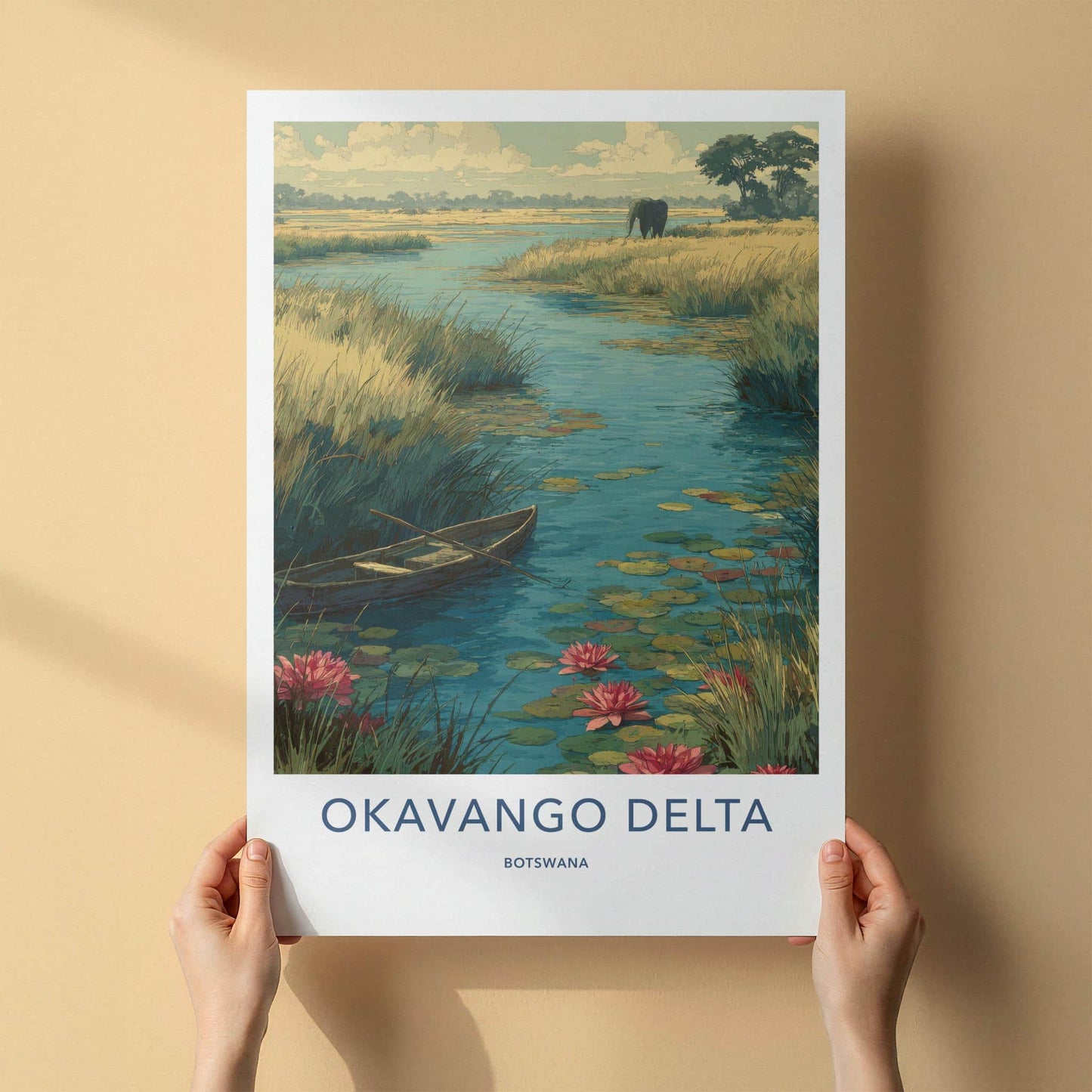 Okavango Delta Poster - Botswana Travel Art - Elephant Lily Boat Home Decor