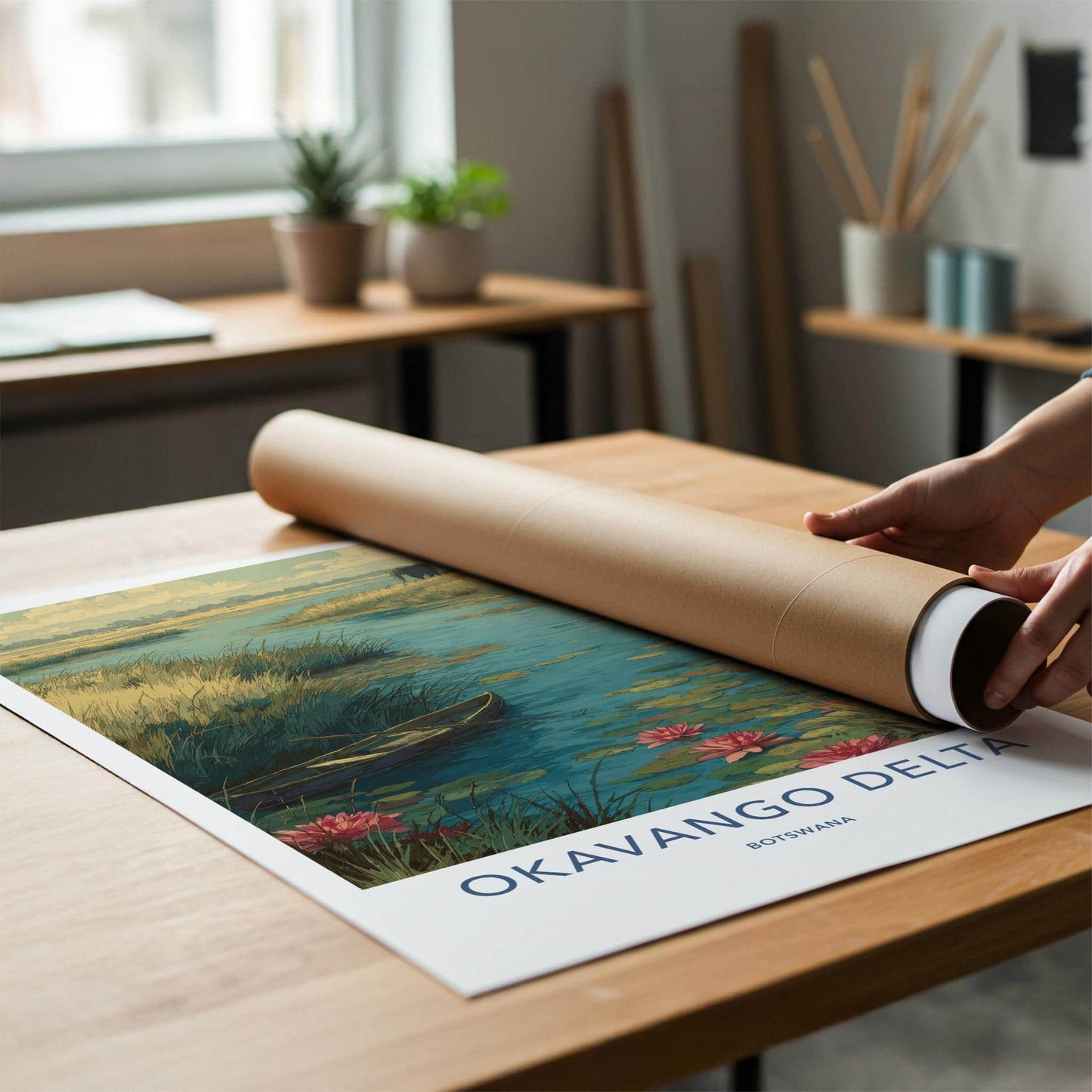 Okavango Delta Poster - Botswana Travel Art - Elephant Lily Boat Home Decor