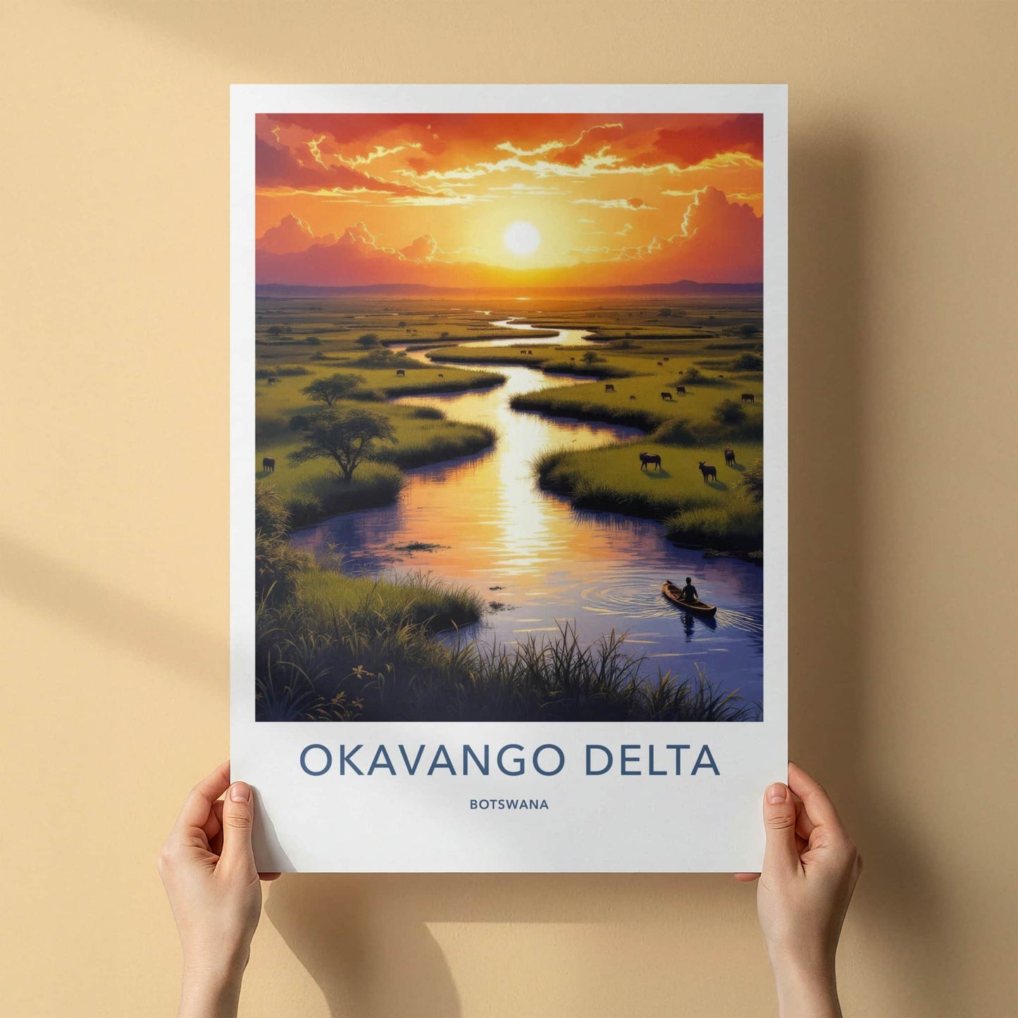Okavango Delta Poster - Botswana Travel Art - Golden River Sunset Home Decor