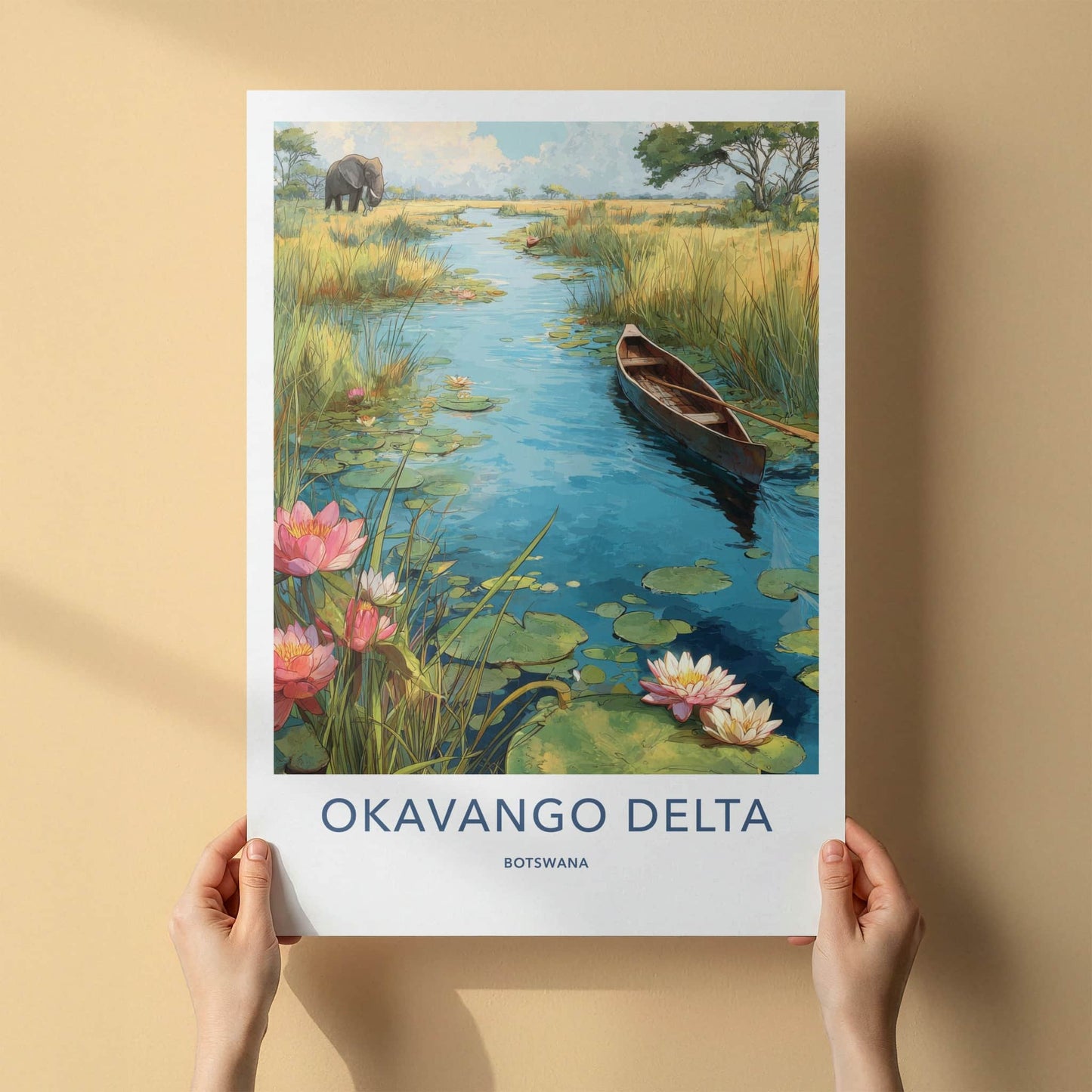 Okavango Delta Poster - Botswana Travel Print - Elephant Water Lilies Home Decor
